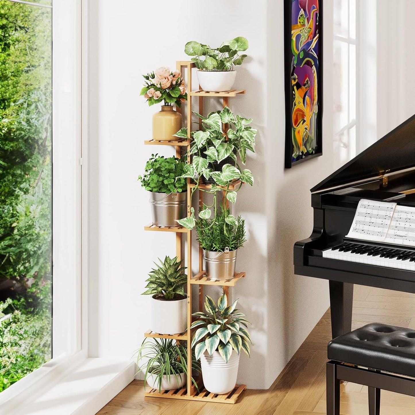 ROSSNY 55 Inch Tall Plant Stand Indoor, 7 Tier 8 Potted Bamboo Plant Stands for Indoor Plants, Corner Plant Stand, Plant Shelf For Indoor, Tiered Plant Stands, Planter Holder for Multiple Plants Indoor, Natural