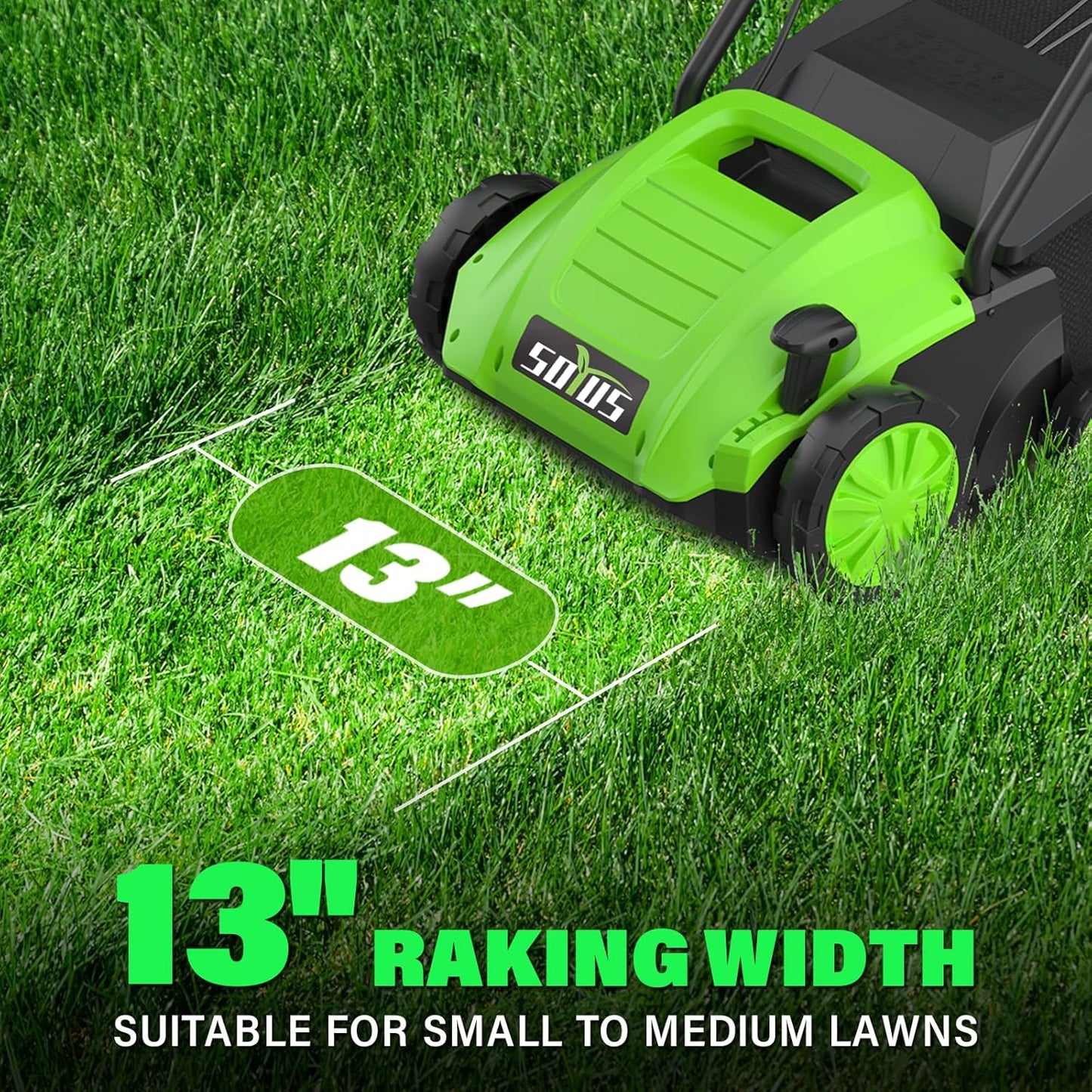 SOYUS Electric Dethatcher and Scarifier with 30L Collection Bag, 13-Inch 12 Amp 2-in-1 Corded Lawn Dethatcher with 4-Postion Depth Adjustment, Quick-Fold, Increases Lawn Health