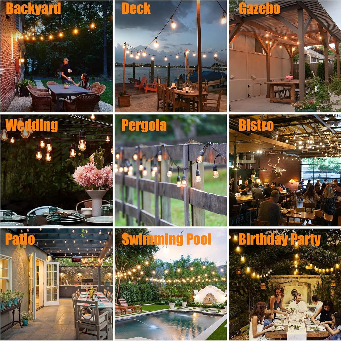 Achin Outdoor String Lights 48FT Dimmable Warm 2200K LED Patio Lights Outdoor Waterproof with 16 Plastic Bulbs Shatterproof String Lights for Outside Deck Gazebo Bistro Lights