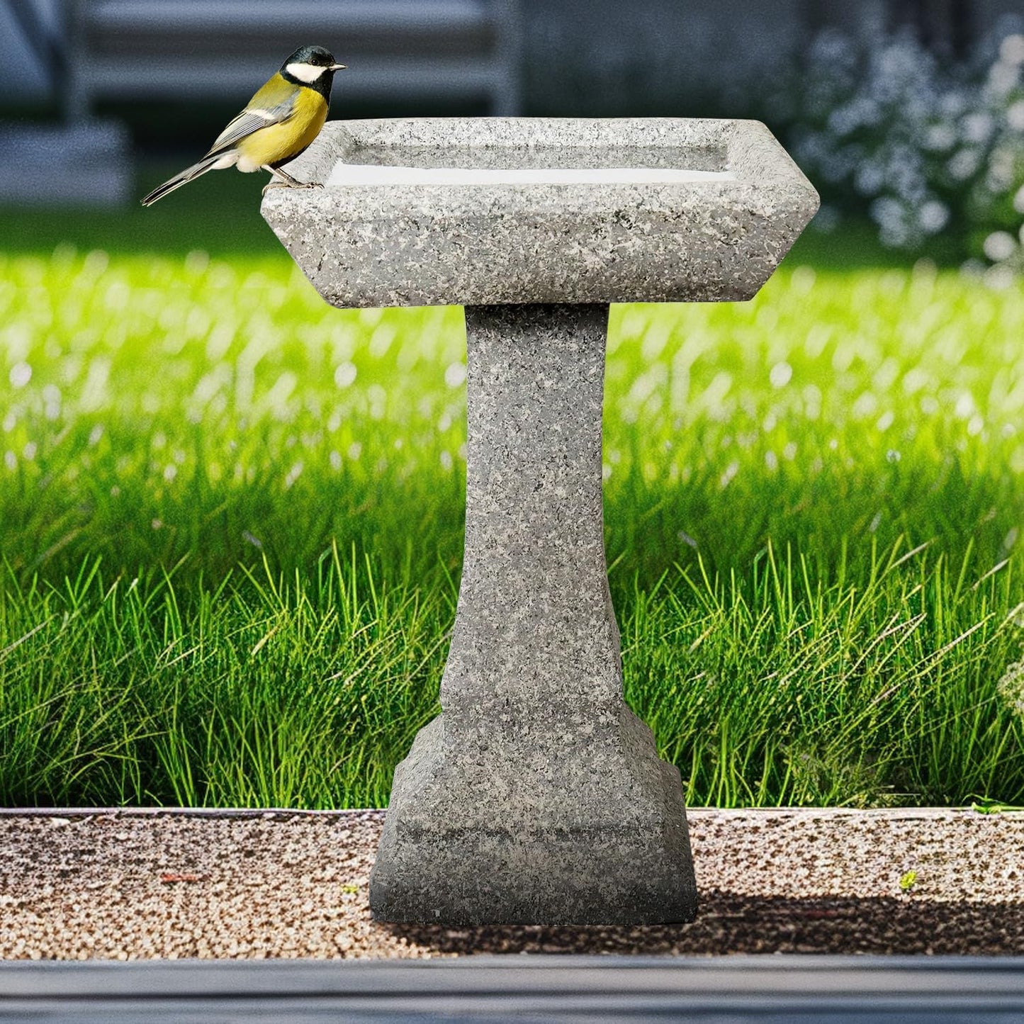 22.8" H Rustic Birdbath Freestanding Square Bird Bath with Faux Wood Finish for Garden Lawn Backyard Patio Porch Decor