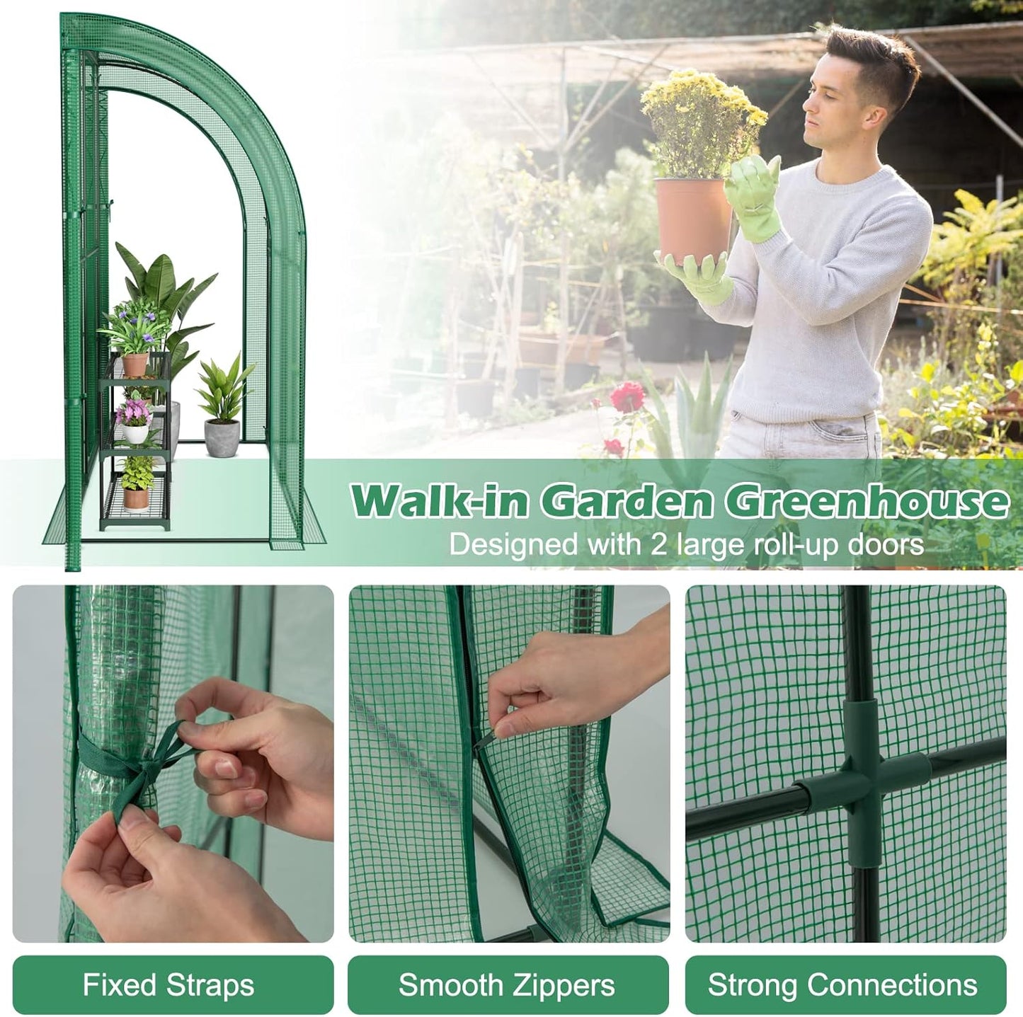 SAFSTAR Greenhouse, 7' x 3.5' x 7' Mini Lean-to Walk-in with 3-Tier Flower Rack, Roll-Up Zipper Doors, Weatherproof PE Cover, Indoor/Outdoor Garden Greenhouse