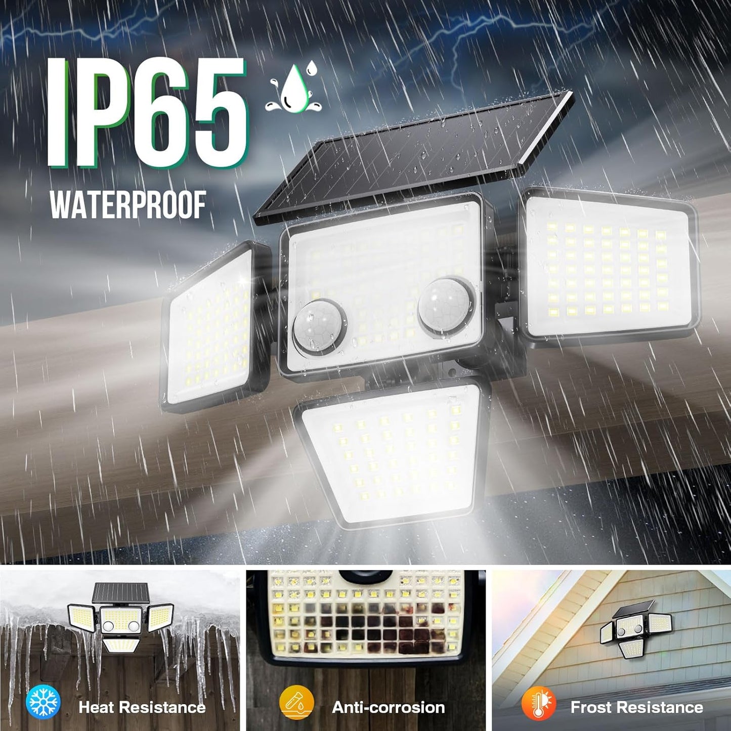 Solar Outdoor Lights - 3000LM 188 LED Motion Sensor Outdoor Lights, 4 Heads IP65 Waterproof Powered Security Flood Lights, 270°Wide Lighting Angle Wall Light with Sensors for Backyard Yard
