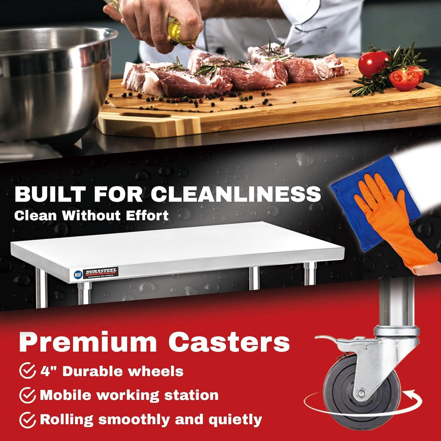 DuraSteel 24x12 NSF Stainless Steel Cart - Heavy Duty Rolling Food Prep Table with Undershelf - Metal Utility Cart for Commercial Restaurant Kitchen, Laundry, Side Mixer Stand