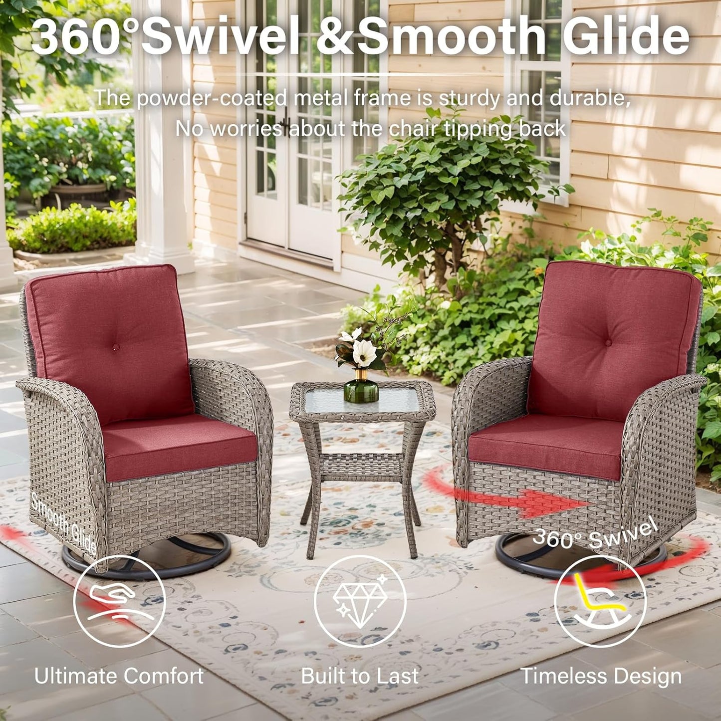 8 Piece Patio Furniture Set with 50000 BTU Propane Fire Pit Table, Outdoor Conversation Set with 2 Swivel Rocker Chairs Wicker Sofa and Ottomans for Casual Gatherings Red Cushion