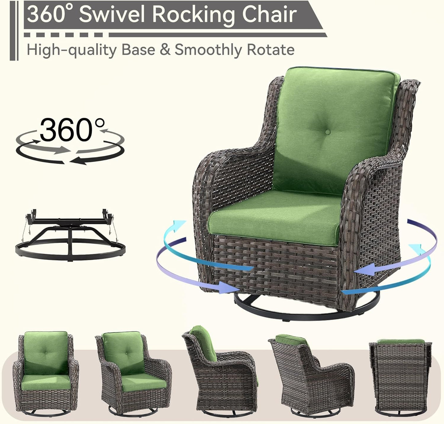 3 Pieces Outdoor Furniture Set - Patio Wicker Swivel Rocker Chair Set of 2 and 1 Side Table, Green, Mixed Brown Rattan, Suitable for Porch, Yard