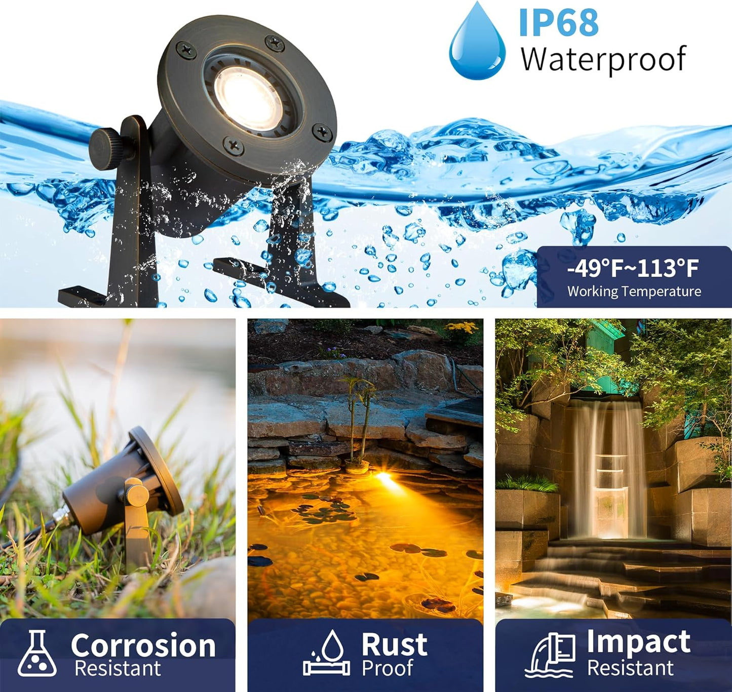 Submersible Pond Light - 12V Low Voltage IP68 Waterproof, Solid Brass Underwater Light with 4000K MR16 LED Bulb, for Water Fountains, Waterfalls, Pool and Outdoor Landscape Lighting(4 Pack)