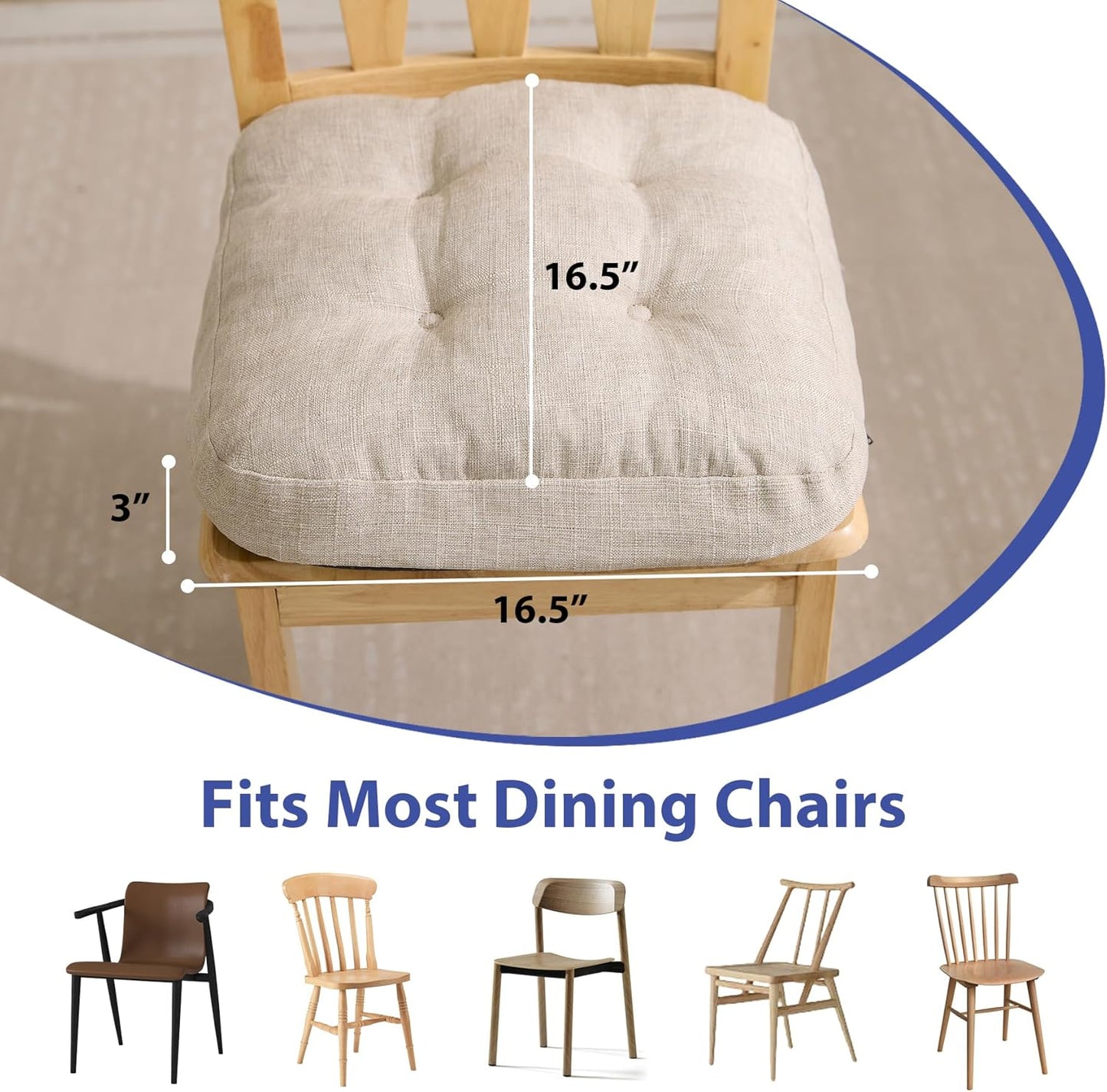 Chair Cushions, Foam Dining Chair Cushions, Tufted Indoor Chair Pads, Set of 6, Beige, 16.5” x 16.5” x 3.5”