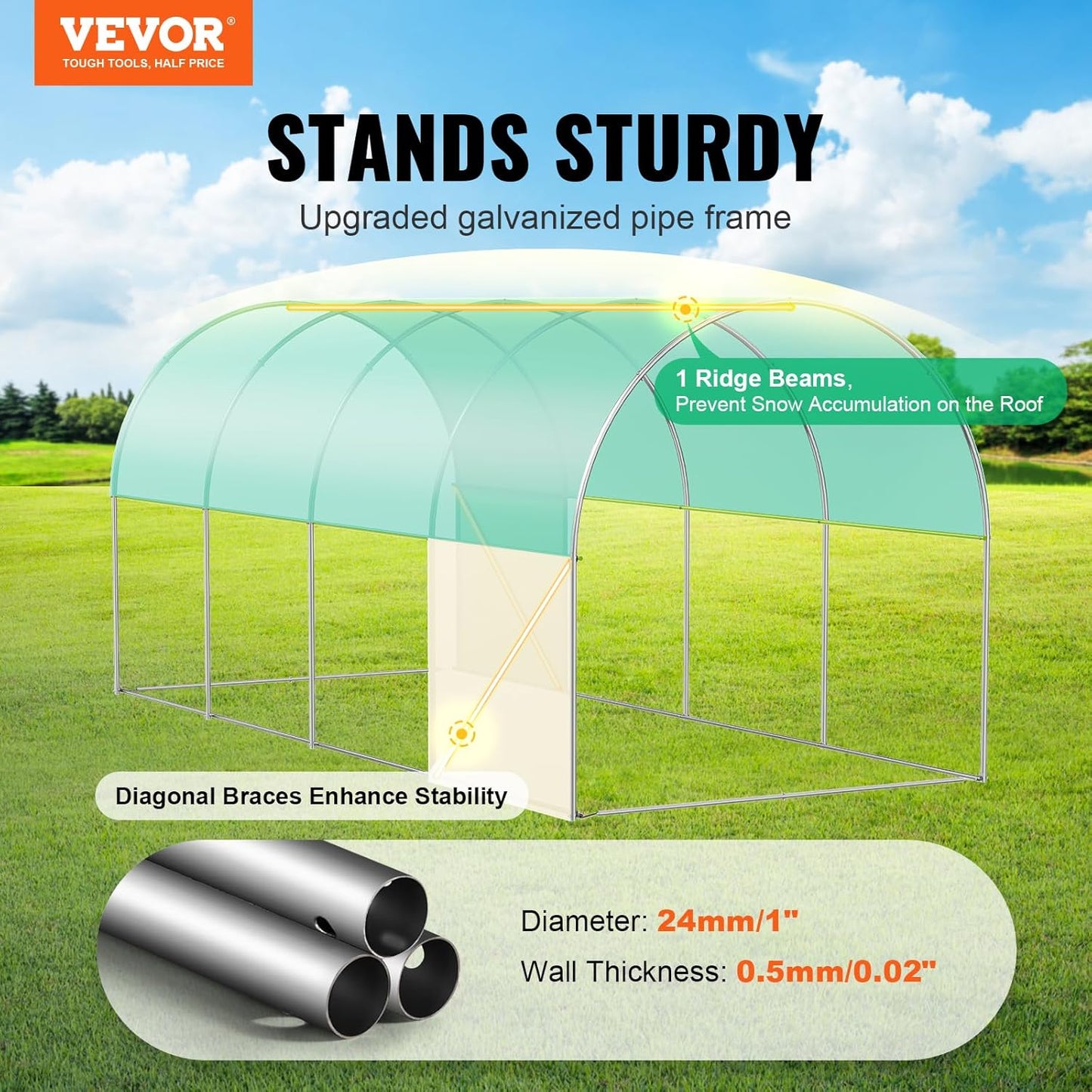 VEVOR Walk-in Tunnel Greenhouse, 14.6x6.4x6.3 ft Hoop House Greenhouse Tunnel, Plant Hot House with Galvanized Steel Frame, Green PE Cover, Roll-up Zipper Door and 8 Windows for Outdoor