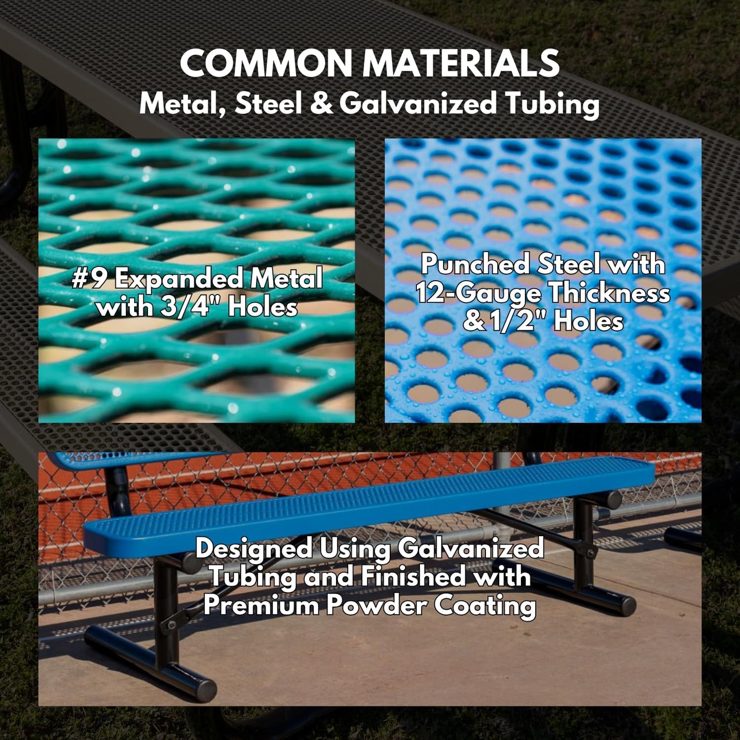 Heavy-Duty Portable Outdoor Bench Thermoplastic Coated, Expanded Metal, Commercial-Grade Seating, Made in America (Portable Without Back, 8 Ft, Textured Green)