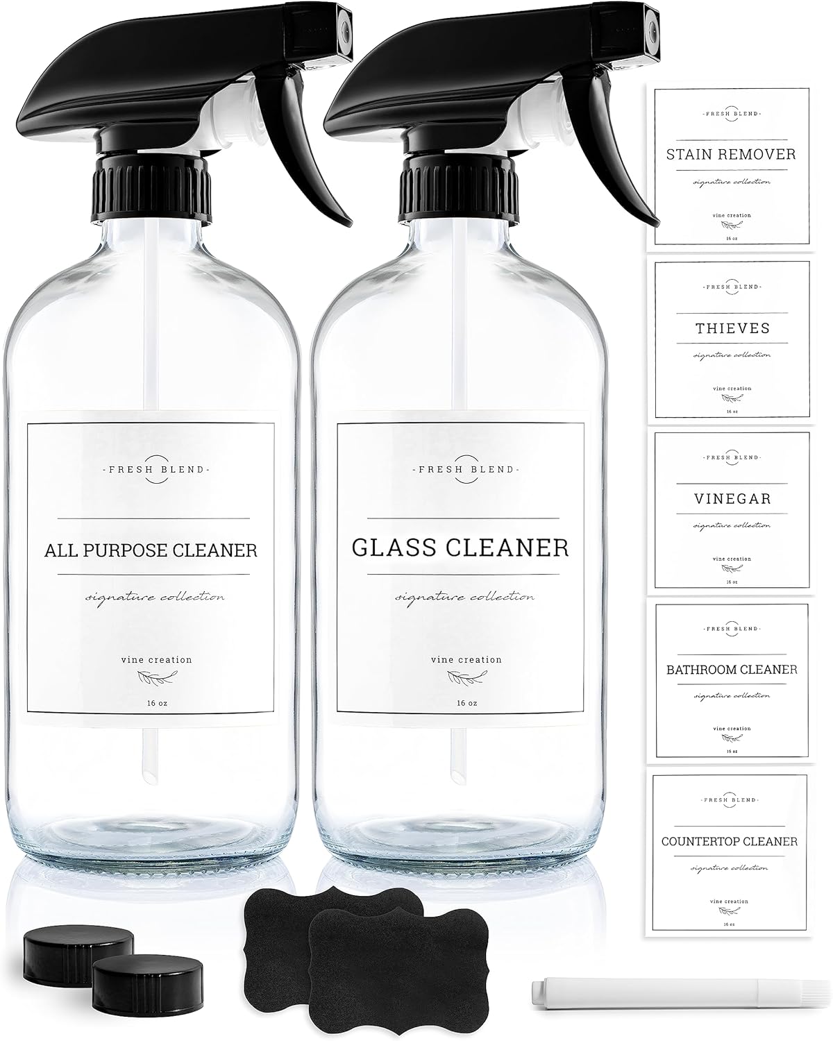 Vine Creations Glass Spray Bottles, 2 Pack Refillable Spray Bottles for Cleaning Solutions, Plant Misters, Clear Glass Spray Bottle for hair, 16 oz Mister Spray Bottle with Waterproof Labels