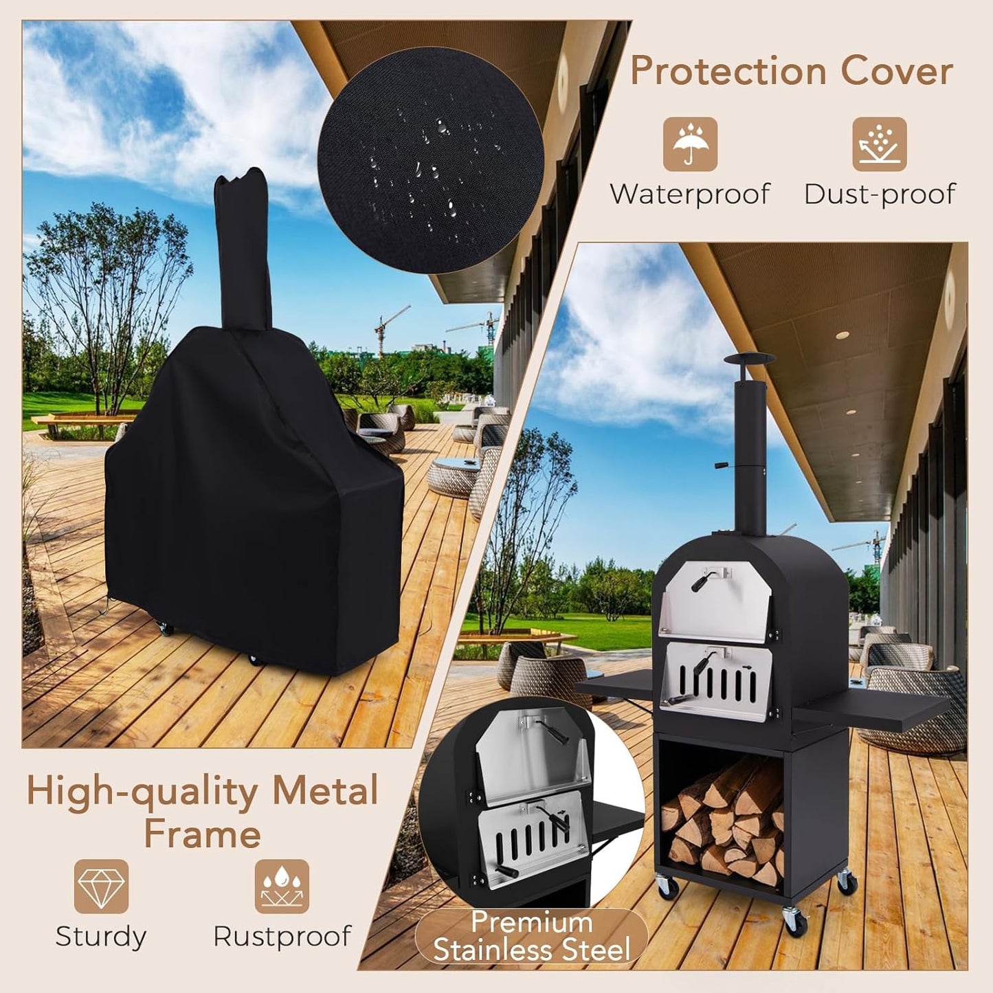 HAPPYGRILL Outdoor Wood Fired Pizza Oven w/Firewood Storage, Side Shelves, Patio Pizza Maker wi/Pizza Stone & Peel, 2 Cooking Grills & Thermometer, Portable Pizza Stove for Backyard Party Camping