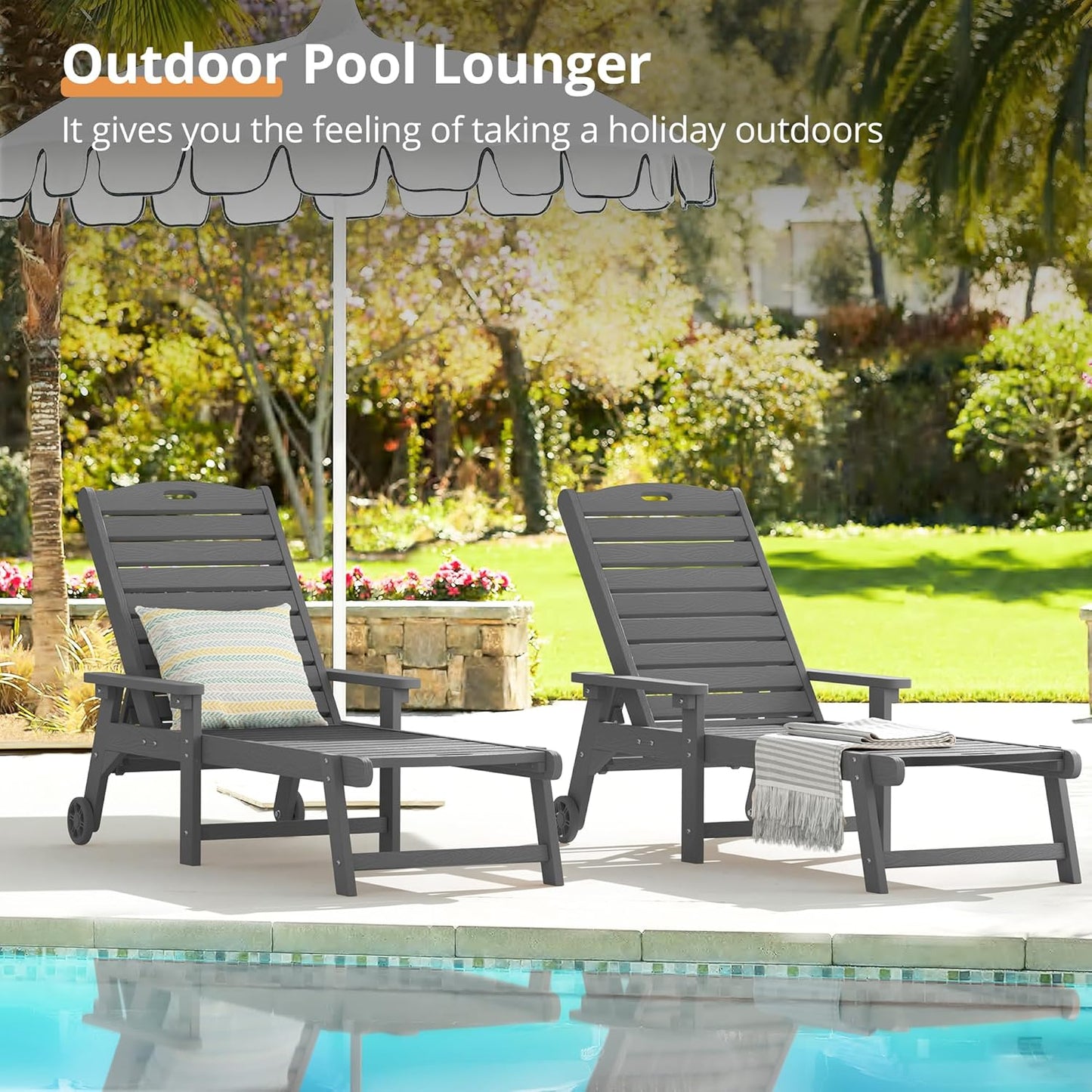 LUE BONA Chaise Lounge Chair with Table, 2-Piece,79'' Oversized HDPS Chaise Lounger, 5 Positions Adjustable Lounge Chairs, Pool Lounge Chair with Wheels for Poolside, 3 Year Warranty, Dark Gray