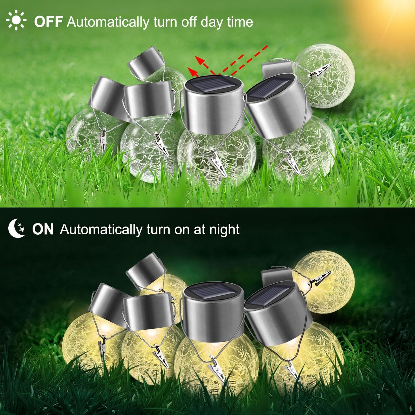 Solar Lights Outdoor Hanging Decorative Globe 24 Pack, Waterproof Solar Lantern with Handle and Clip, Solar Powered Glass Ball Lights for Garden Yard Fence Tree Umbrella Holiday Décor, Warm White