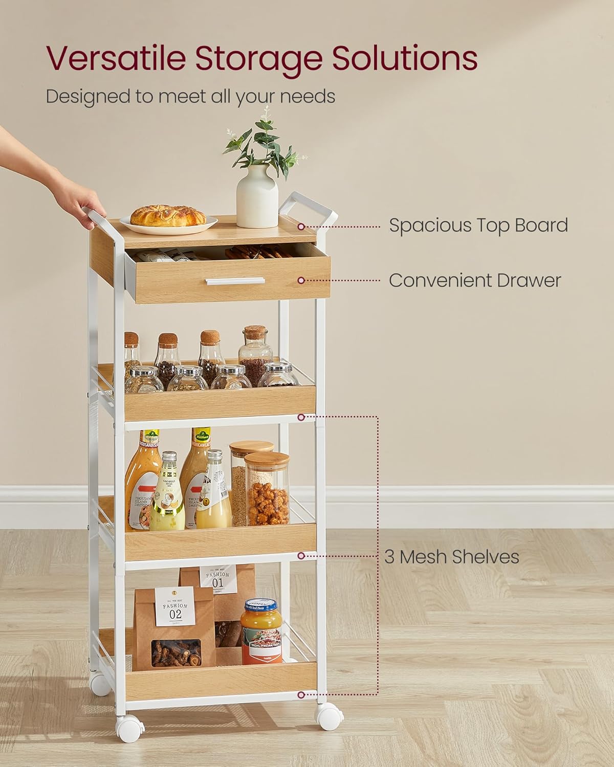 VASAGLE Storage Cart, 4-Tier Rolling Utility Cart with Table Top, Handles, 4 Lockable Casters, Top Drawer, Mesh Shelves, for Kitchen, Bathroom, Bedroom, Golden Oak and Cloud White ULRC049N01