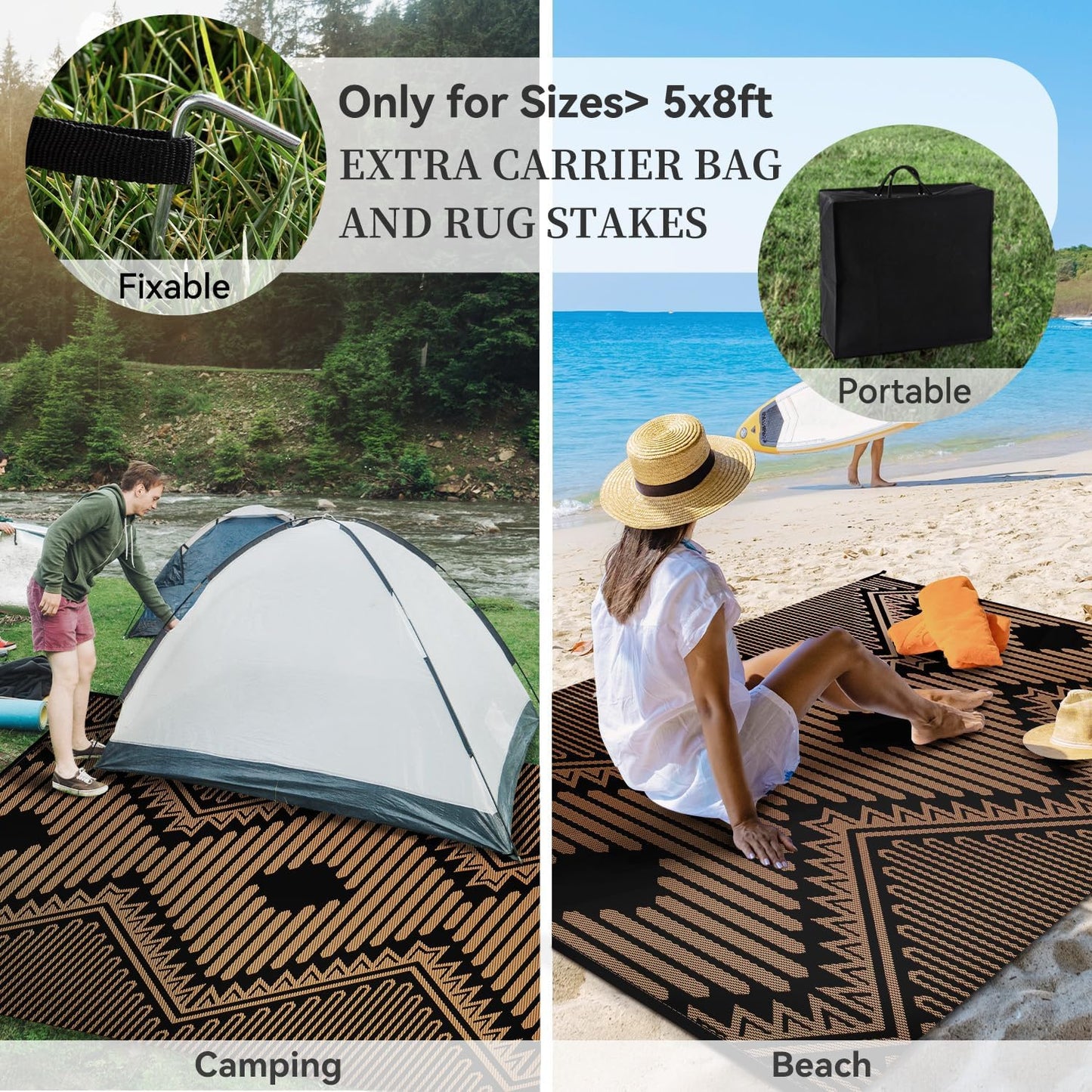 MontVoo Outdoor Rug 8x10 Waterproof Patio Rug-Outdoor Carpet Mat Reversible Plastic Straw Outside Outdoor Rug for RV Camping Picnic Balcony Backyard Pool Deck Porch Modern Boho Black Brown