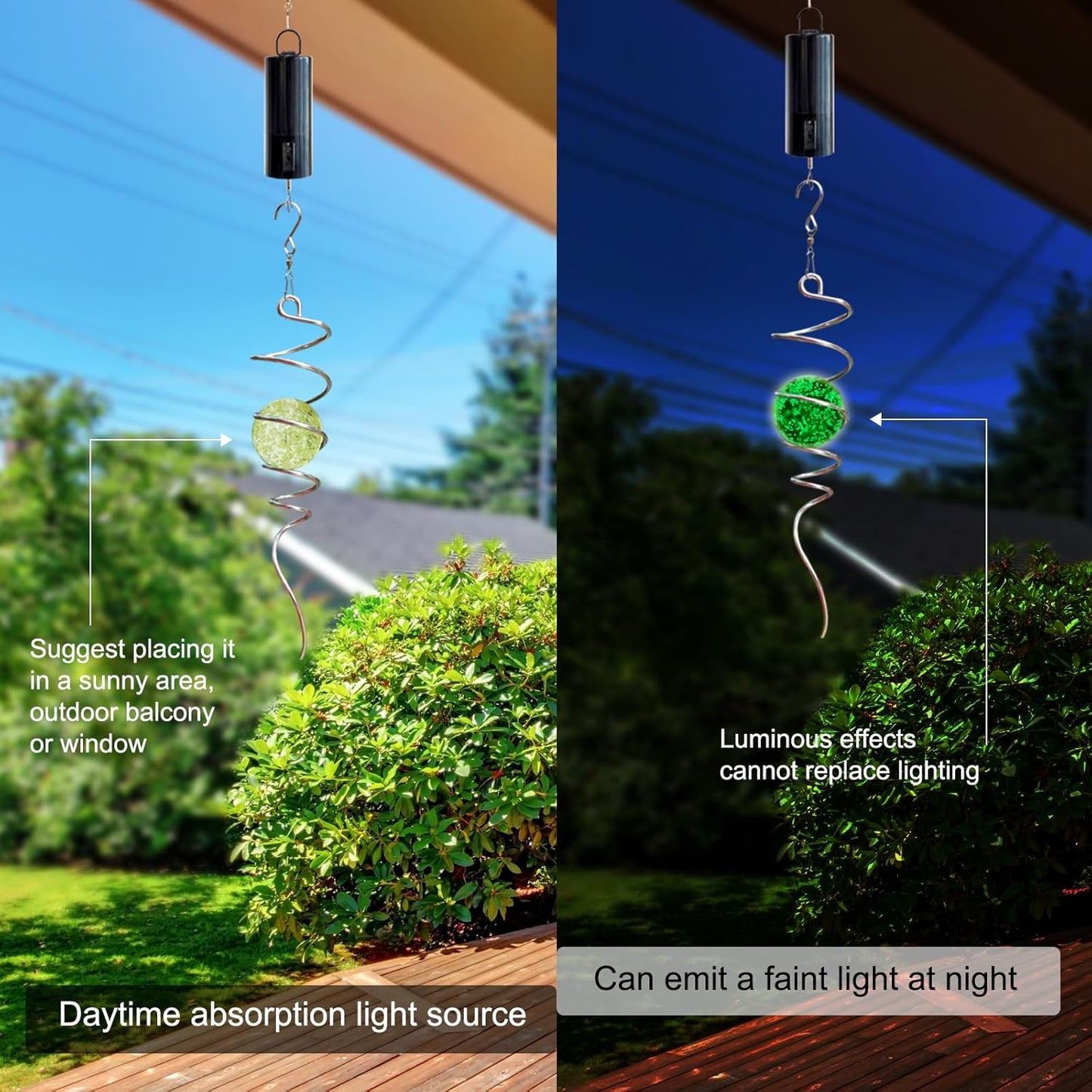 Glow in The Dark Gazing Ball Spiral Tail - Wind Spinner Stabilizer with Glow Glass Ball & Swivel Hook, Hanging Garden Decoration Sun Catcher Rainbow Maker Decor for lndoor Outdoor 13" Height