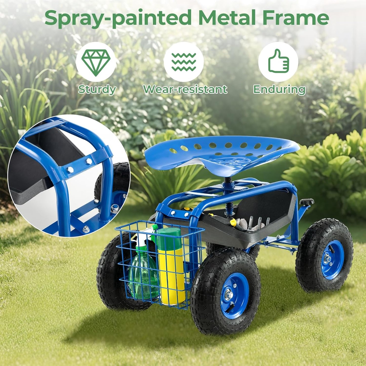 S AFSTAR Rolling Garden Cart, Wagon Scooter with 360° Swivel Seat, Storage Tray, Basket & Rubber Wheels, Heavy-Duty Gardening Tool Cart for Weeding, Patio & Yard (Blue)