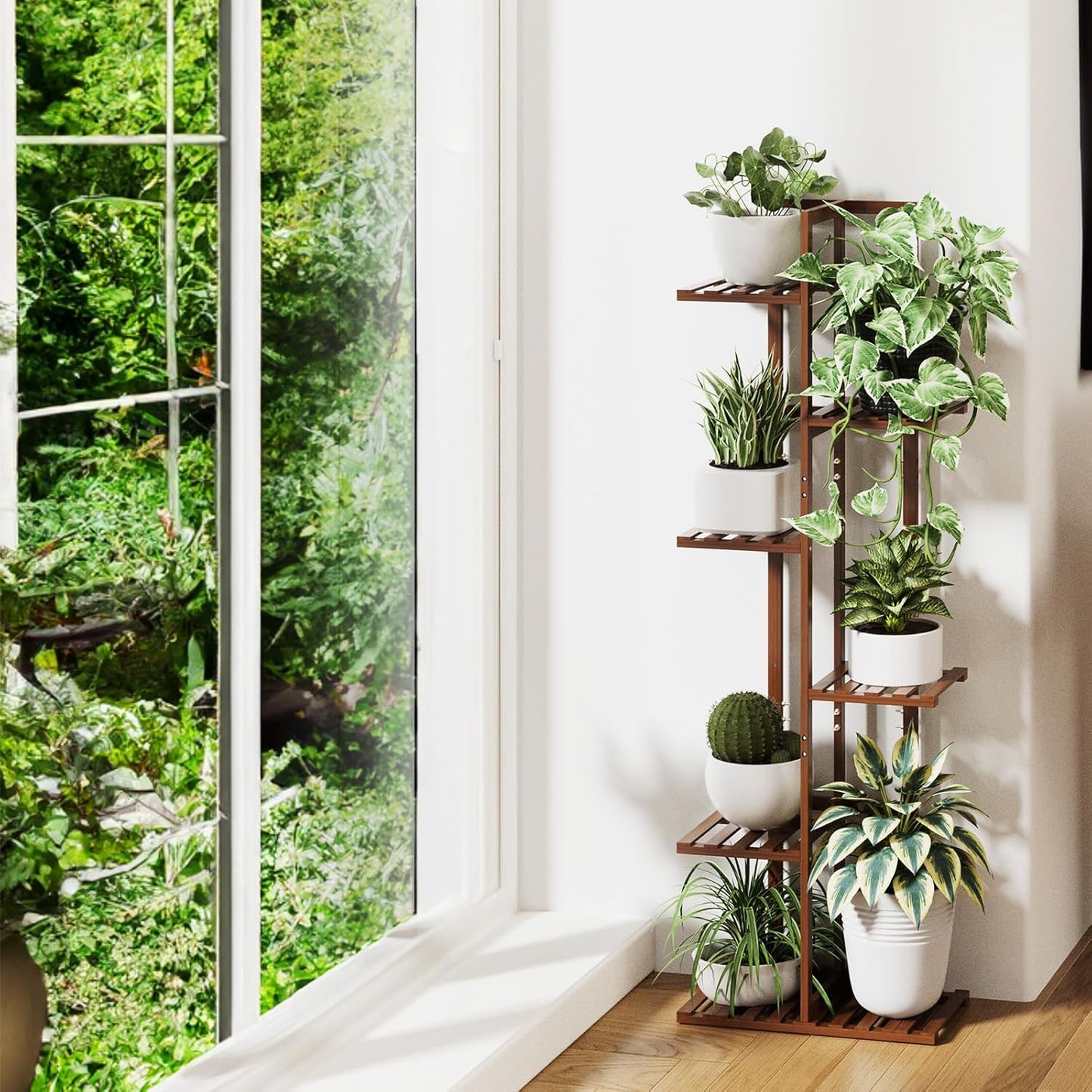 ROSSNY 48 Inch Tall Plant Stand Indoor, 6 Tier 7 Potted Bamboo Plant Stands for Indoor Plants, Corner Plant Stand, Tiered Plant Stands, Plant Shelf For Indoor, Planter Holder for Multiple Plants Indoor, Brown