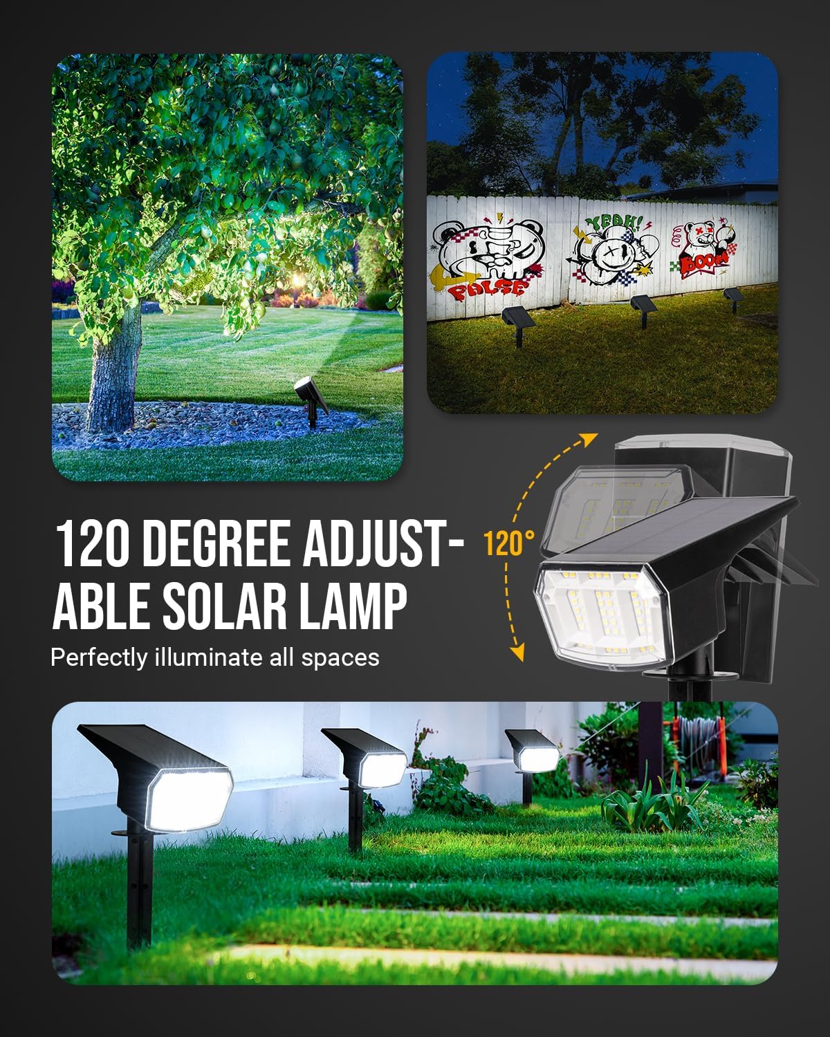 Solar Spot Lights Outdoor Waterproof Landscape Spotlights 63 LEDs 3 Lighting Modes IP65 Solar Spot Lights for Outside, House, Garge, Backyard, Garden-2 Pack Cool White