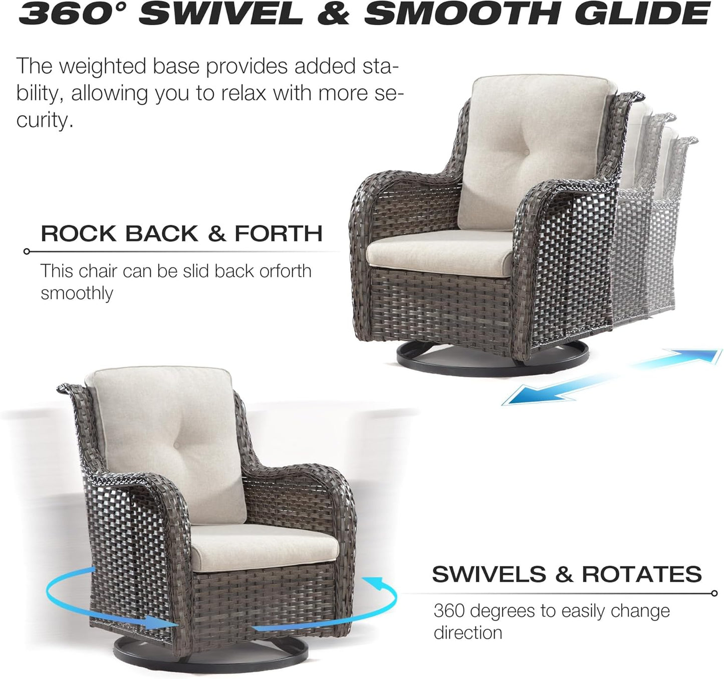 Joyside 5 Piece Outdoor Patio Furniture Set Wicker Conversation Bistro Set Swivel Rocking Chairs with Side Table and Ottomans for Backyard, Porch, Deck(Mixed Grey/Beige)