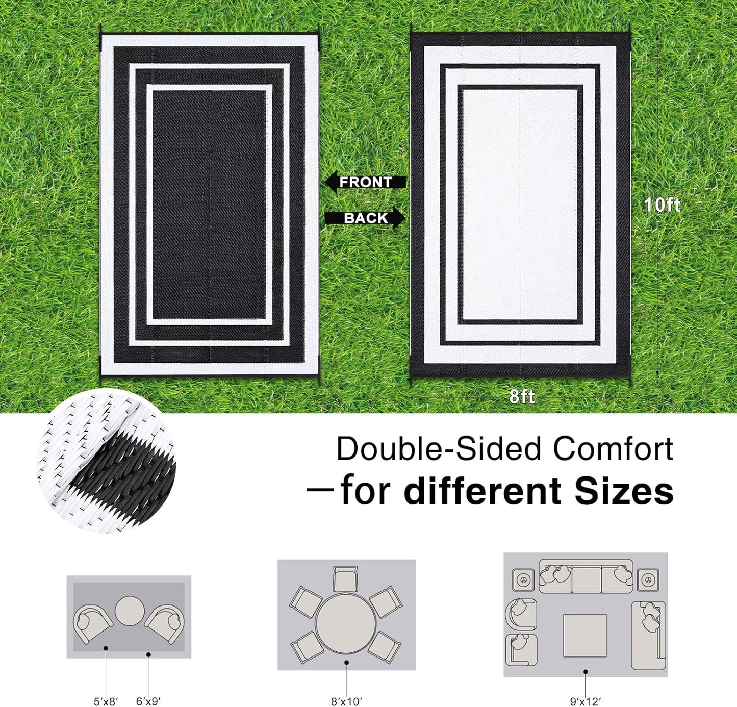 OLANLY Outdoor Rug 8x10 ft Waterproof, Reversible Outdoor Plastic Straw Rug, RV Mat, Indoor Outdoor Carpet Clearance for Patio, Camping, Balcony, Deck, Backyard, Black & White