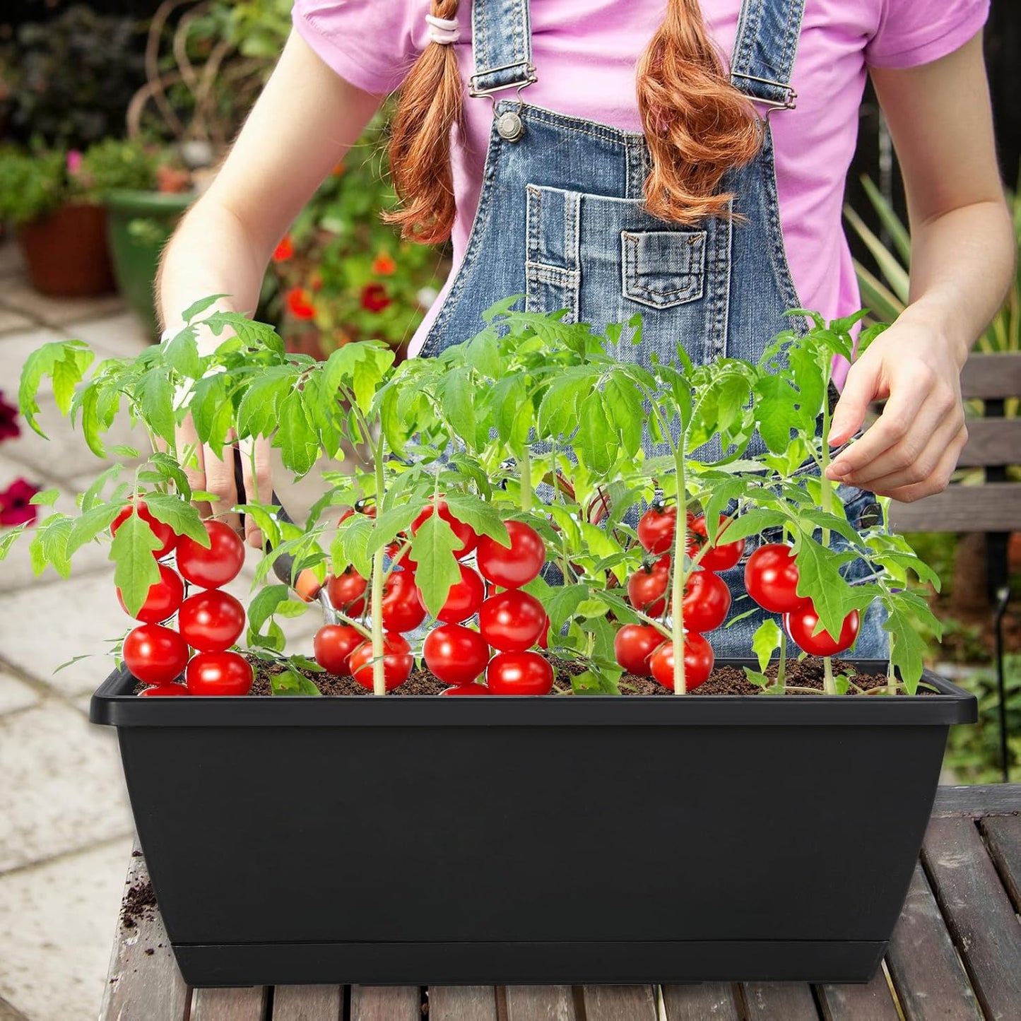 12Pcs 17Inches Rectangle Planter Box with Drainage Holes and Trays Plastic Planters Flower Boxes Pots for Indoor Outdoor Plants Patio Garden Home Decor Porch Yard (Black)