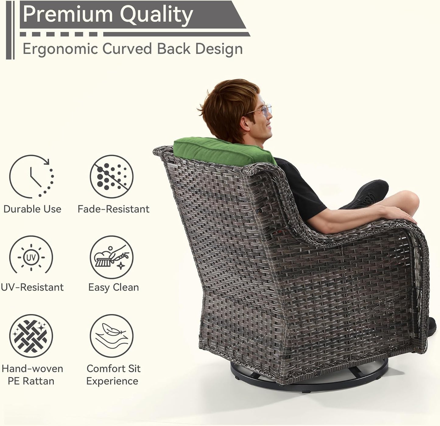 Outdoor Swivel Rocker Patio Chair - Outdoor Wicker Patio Glider Chair with Olefin Fabric Cushions Suitable for Backyard Deck and Porch, Green
