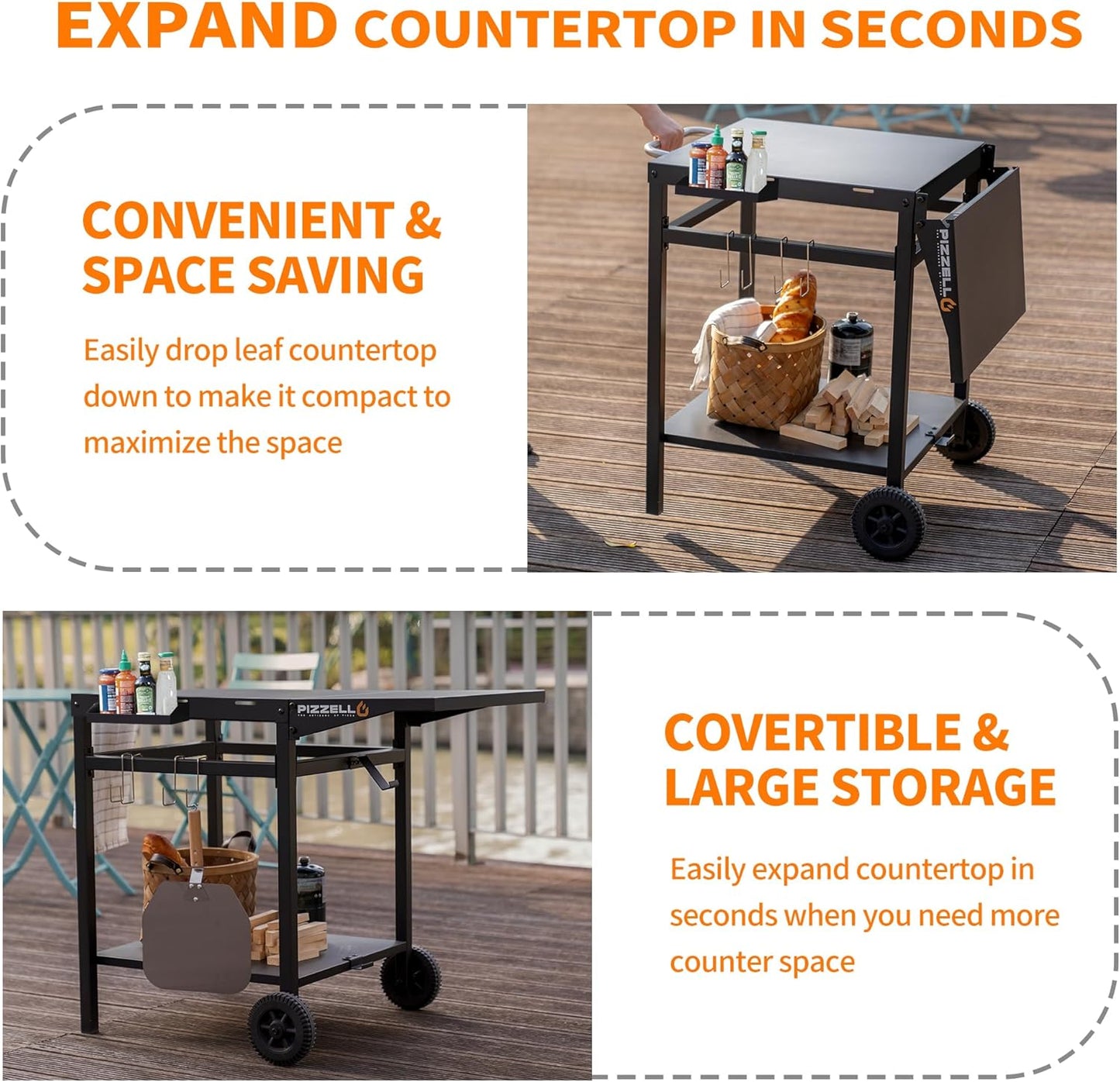 Outdoor Grill Table Cart 35" x 22" Movable Pizza Oven Stand Foldable Double-Shelf Grill Cart Food Prep Trolley Dining Cart Fit for Ooni Ninja Woodfire Blackstone Pizza Oven
