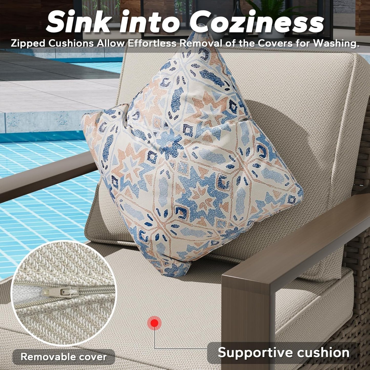 Outdoor Wicker Metal Chairs Set of 2 with Two Ottomans, 360 Degree Glider Rockers Armchairs, 4 Pieces Patio Bistro Set with Wood-Looking Metal Armrest for Poolside, Terrace, Beige