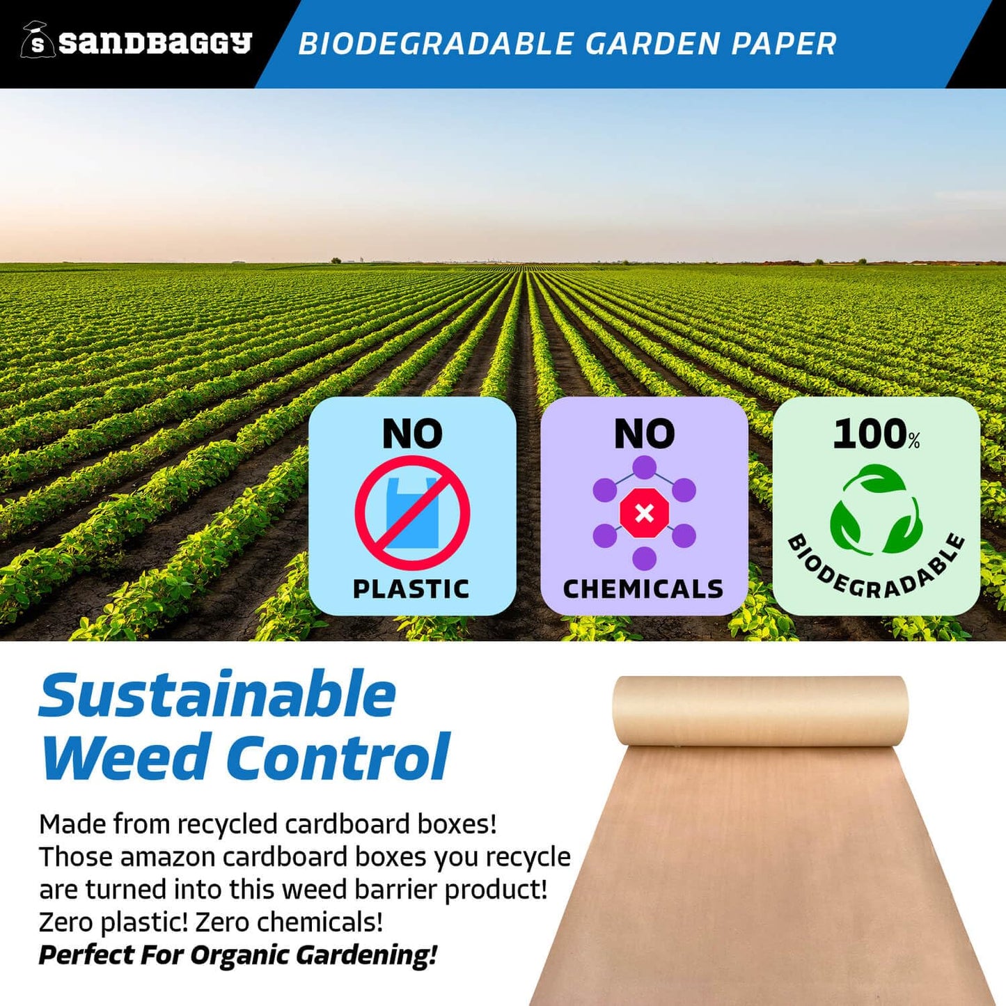Sandbaggy Biodegradable Landscape Fabric - Garden Paper for Weeds - Paper Mulch Rolls - Made in America (2 ft x 475 ft, 25)