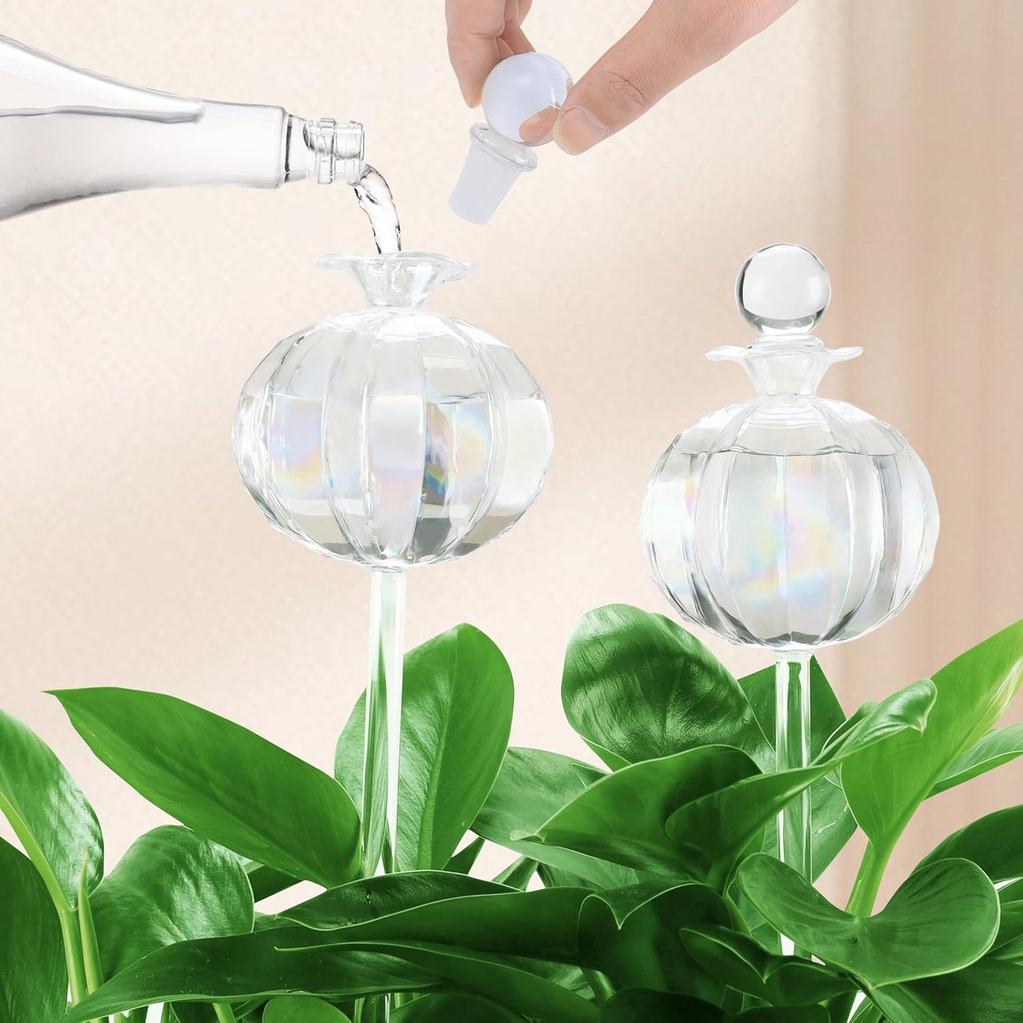 10 oz Large Top Fill Cactus Plant Self Watering Globes, Light Iridescent Glass Water Bulbs, Slow Release Watering Devices System Indoor | Outdoor Everyday Use, Water Spikes Stakes, 2 Pack