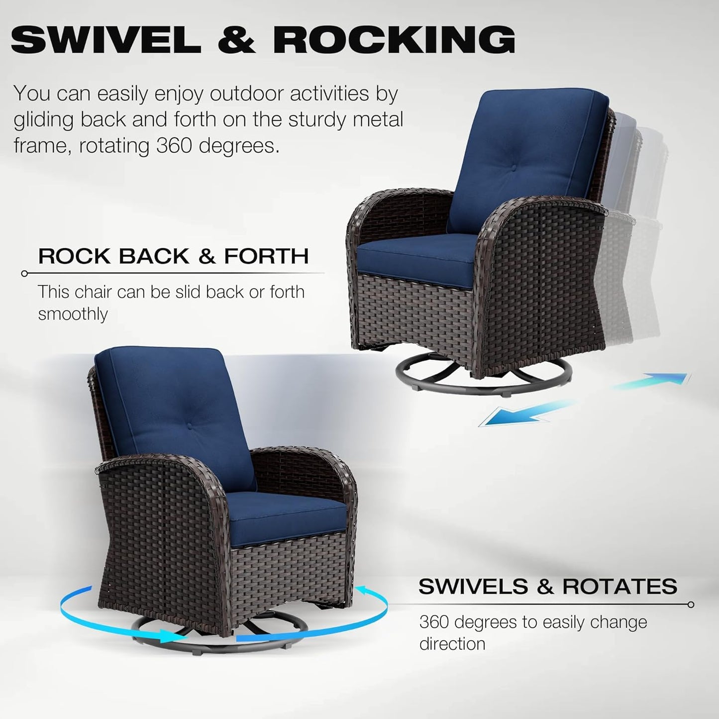 Joyside Outdoor Swivel Rocker Chairs, 3 Piece Wicker Patio Set with Thick Cushion and Side Table, Rattan Patio Swivel Rocking Chairs for Porch, Deck Use (Brown/Blue, 3 PCS)