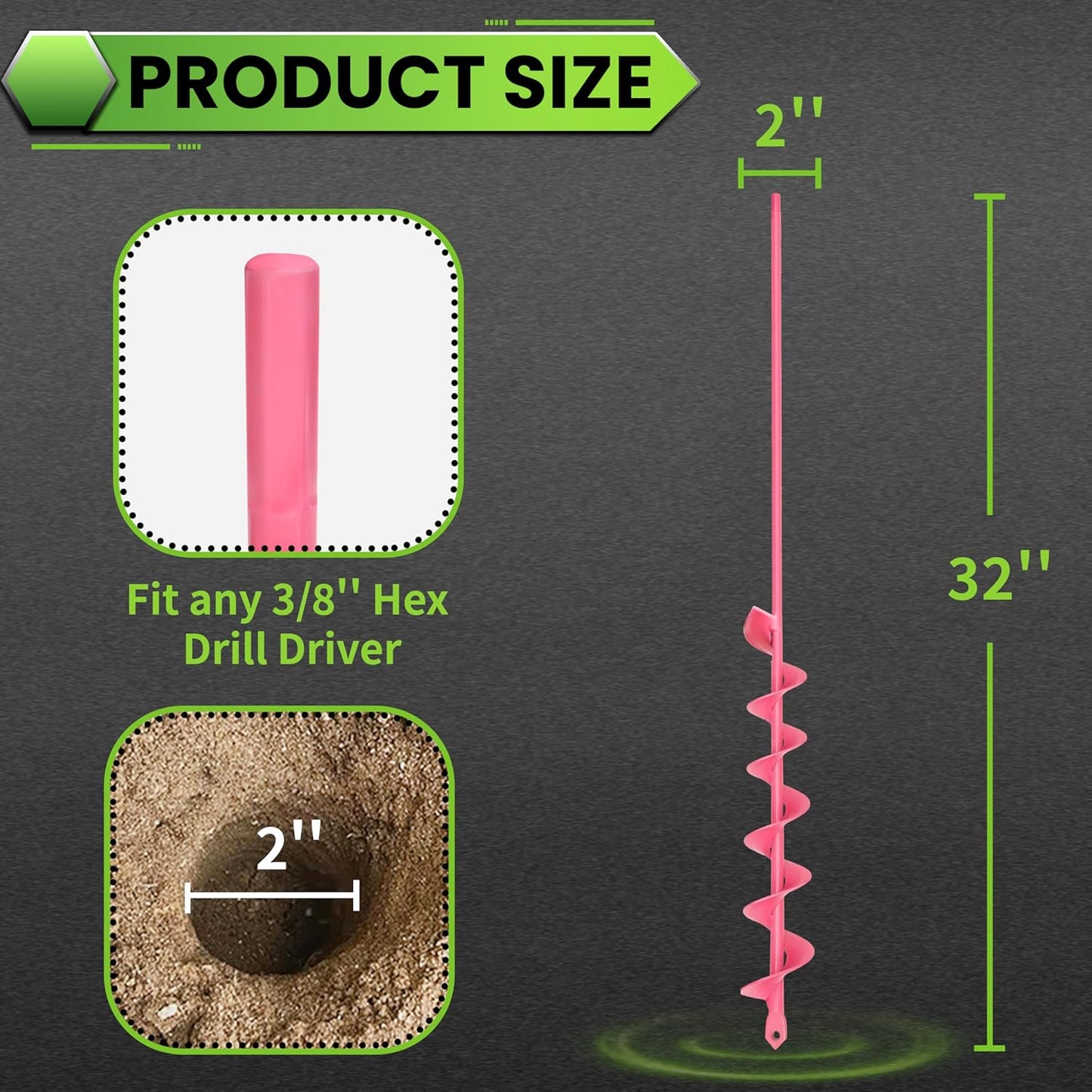 SYITCUN Auger Drill Bit for Planting - 2"X32" Heavy-Duty Garden Auger Spiral Drill Bit - Bulb Planter Tool & Auger Post Hole Digger - 3/8" Hex Drive Drill