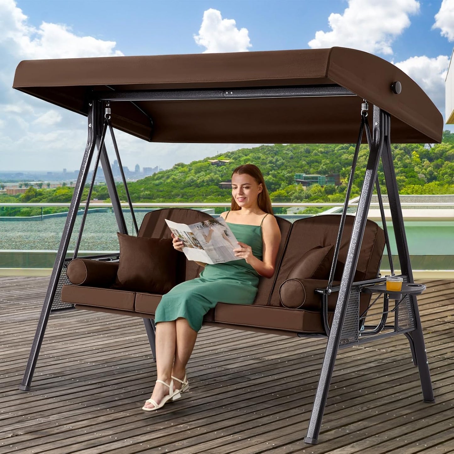 3 in 1 Outdoor Porch Swing with Canopy, 3 Seat Outdoor Swing for Adults, Patio Swing Chair with Thickened Cushions,Pillows & Cup Holders for Backyard, Porch, Garden (Brown)