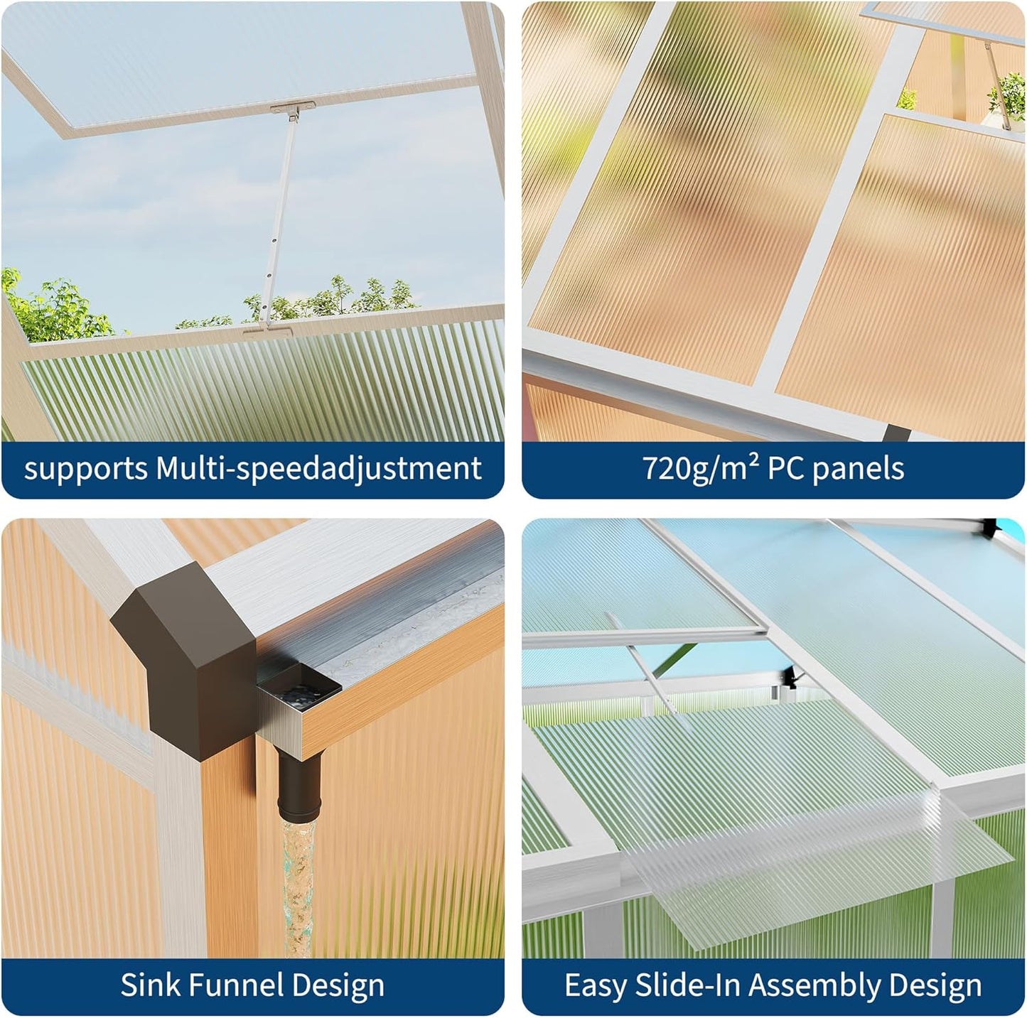 8×12 FT Greenhouse, Large Walk in Greenhouses for Outdoors and Garden Planting, Polycarbonate Greenhouse with Enhanced Aluminum Frame, Green Houses with Quick Setup Structure and Roof Vent, Silver