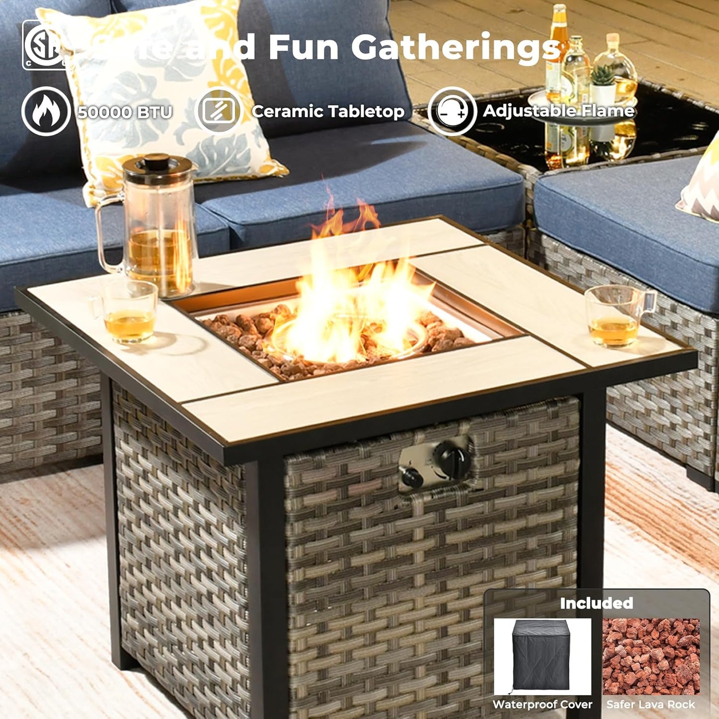 ovios 10 Pieces Patio Furniture Set, Outdoor Wicker Sectional Sofa with 30" Fire Pit Table Swivel Chairs, Modern Modular Deep Seat Rattan Couch Conversation Sets, Denim Blue