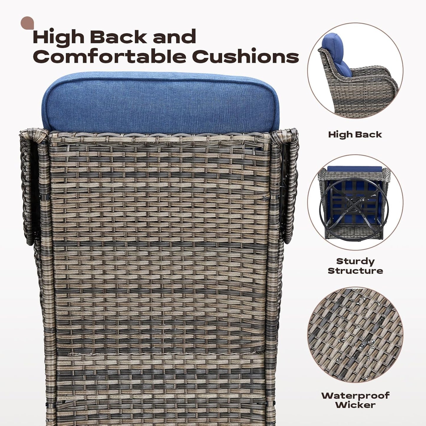 6 Piece Outdoor Patio Swivel Rocker Chairs, Waterproof Wicker, High Back, Deep Seating, Wide Armrest, Upgraded 6 inch Thick Cushions, Side Table, Ideal for Deck Porch Yard, Mixed Grey/Blue