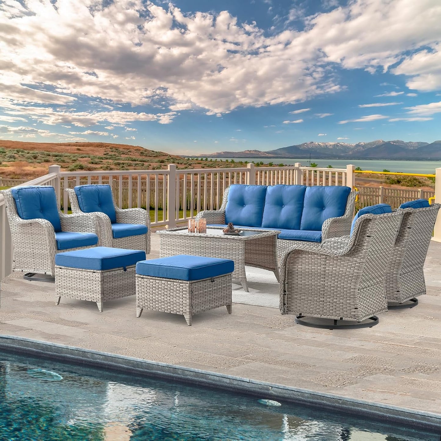 Wicker Patio Furniture Sets - 8 Piece Outdoor Rattan Furniture Conversation Sets with 4 Swivel Rocker Chairs, Rattan Sofa, Wicker Ottomans and Coffee Table, Light Grey/Blue