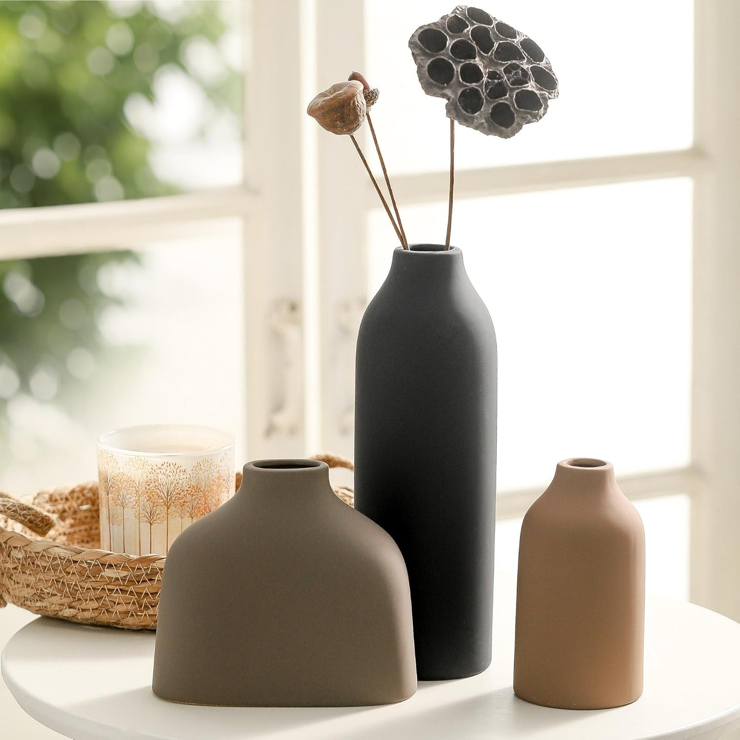 Ceramic Vase Set of 3,Flower Vase Home Decor,Modern Farmhouse Decor, Pampas Grass Dried Fresh Flowers,Bedroom,Living Room,Bookshelf Decoration, Centerpiece Table Decor,Boho Decor.