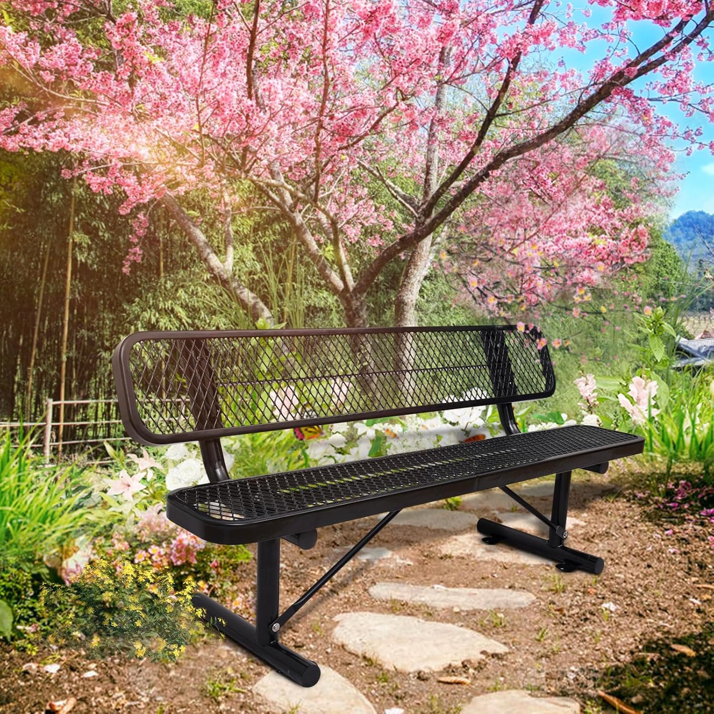 Outdoor Garden Bench, Cast Iron Metal Frame Patio Park Bench with Backrest, Portable Expanded Metal Black Bench, Commercial-Grade Outdoor Seating for Lawn, Patio, Park, Yard, Garden (Black, 6FT/72')