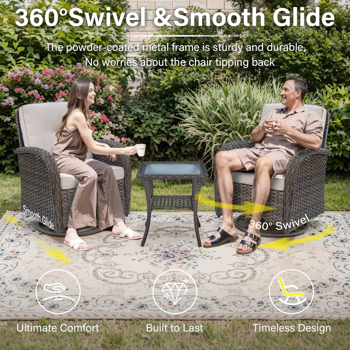 Outdoor Wicker Furniture Set with Swivel Chairs, 5 Piece Small Patio Conversation Sets with Rattan Loveseat Coffee Table for Patio Deck Porch Backyard, Brown Wicker Beige Cushion