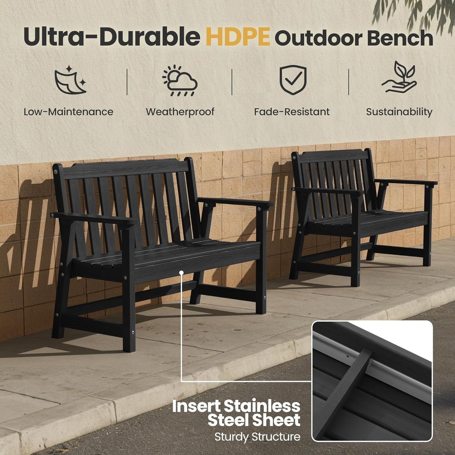 Ciokea 46" Heavy Duty Outdoor Bench, HDPE Weatherproof Garden Benches, Durable 2-Person Porch Benches with 660 Lbs, Waterproof Patio Bench for Outside Balcony Deck Backyard, Black