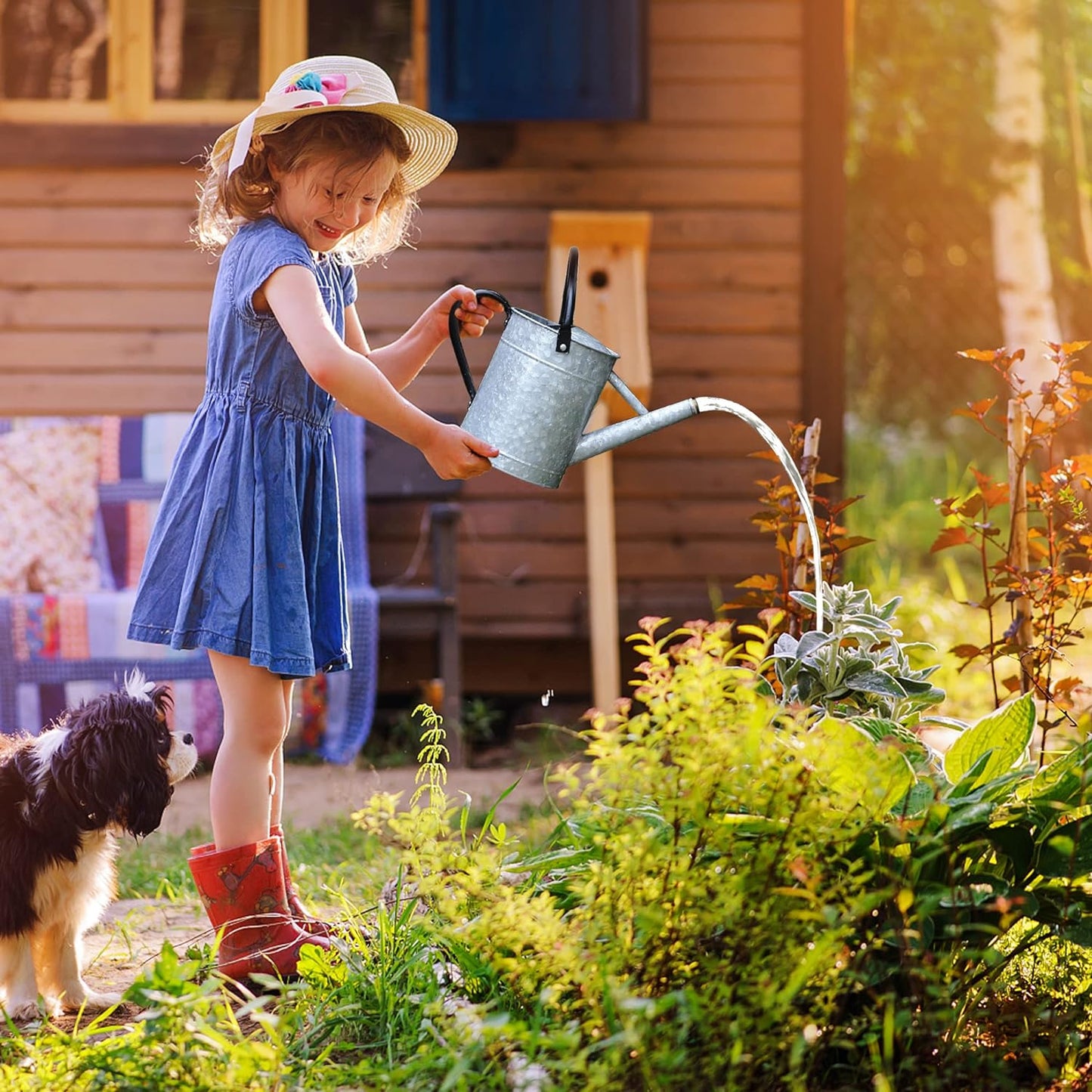 Galvanized Watering Can for Outdoor Indoor Plants, 1 Gallon Decorative Countryside Style Water Can with Removable Spout, Perfect Metal Watering Can for Indoor Plants and Garden Flower