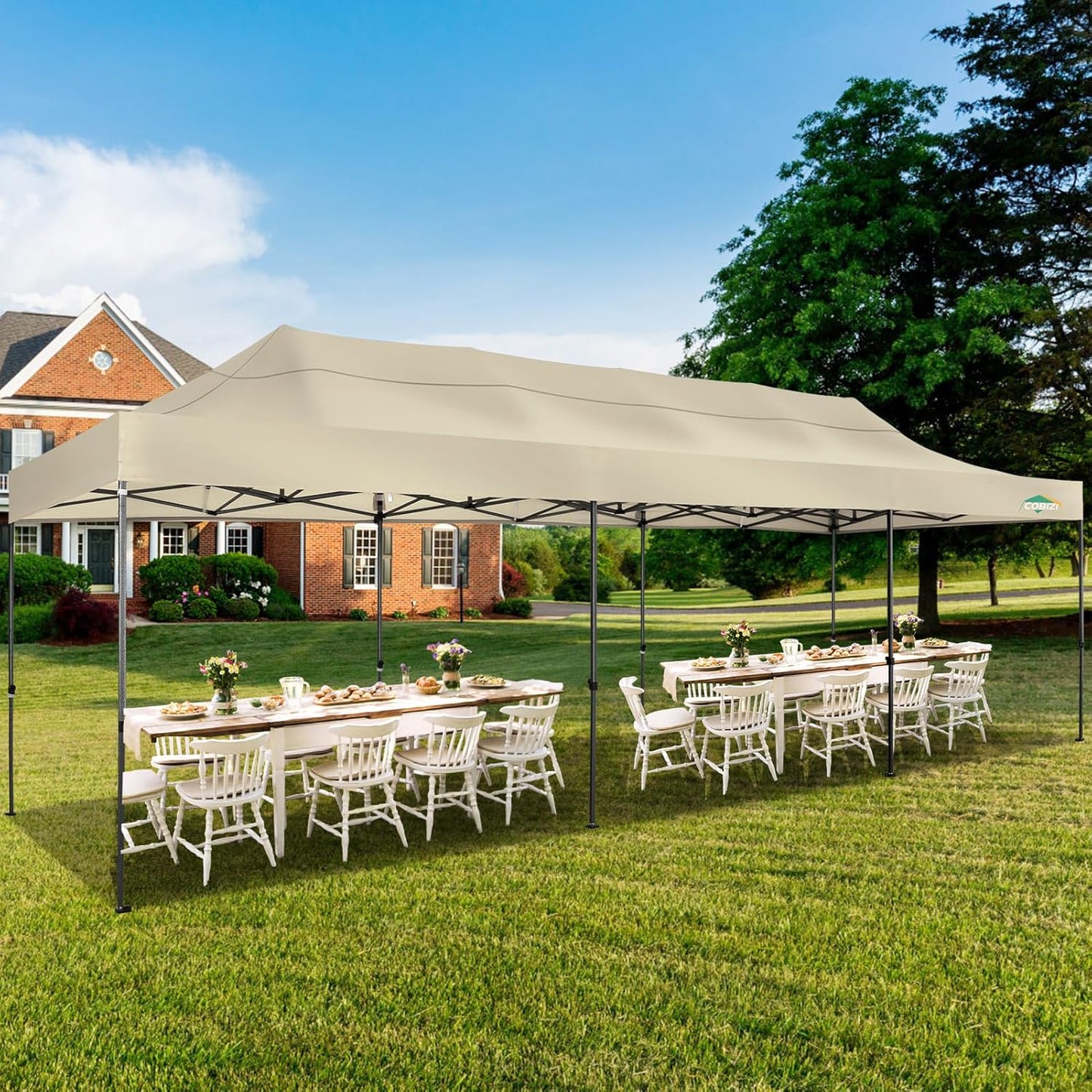 COBIZI 10x30 Pop up Canopy, Heavy Duty Outdoor Party Tents for Parties, Ez up UPF 50+ Waterproof Commercial Canopy with Wheeled Bag can fold, Khaki(Windproof Upgraded)