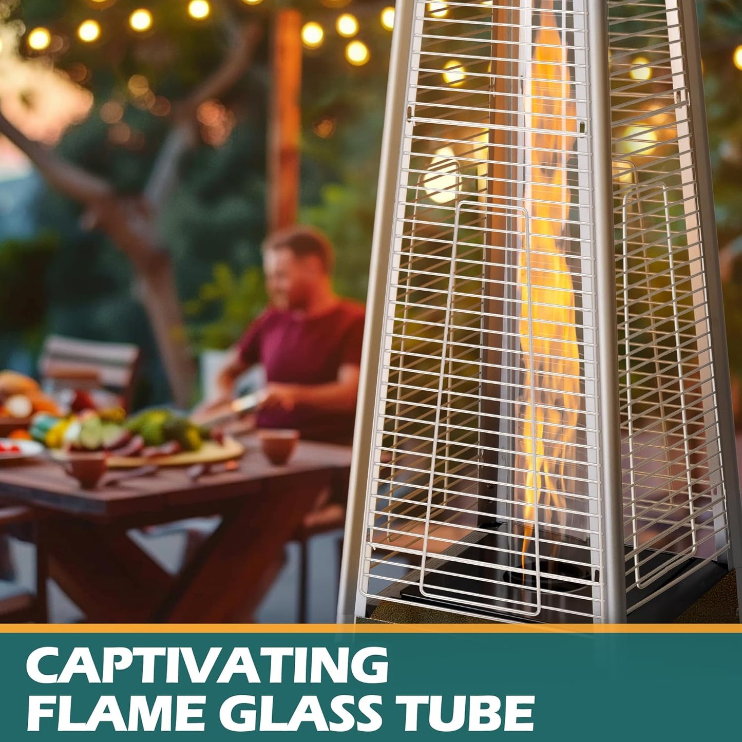 48,000 BTU Flame Pyramid Pool Heater, Triple Safety Protection Portable Patio Heater with Patio Cover, Warm Glass Tube with Durable Wheels-Brown