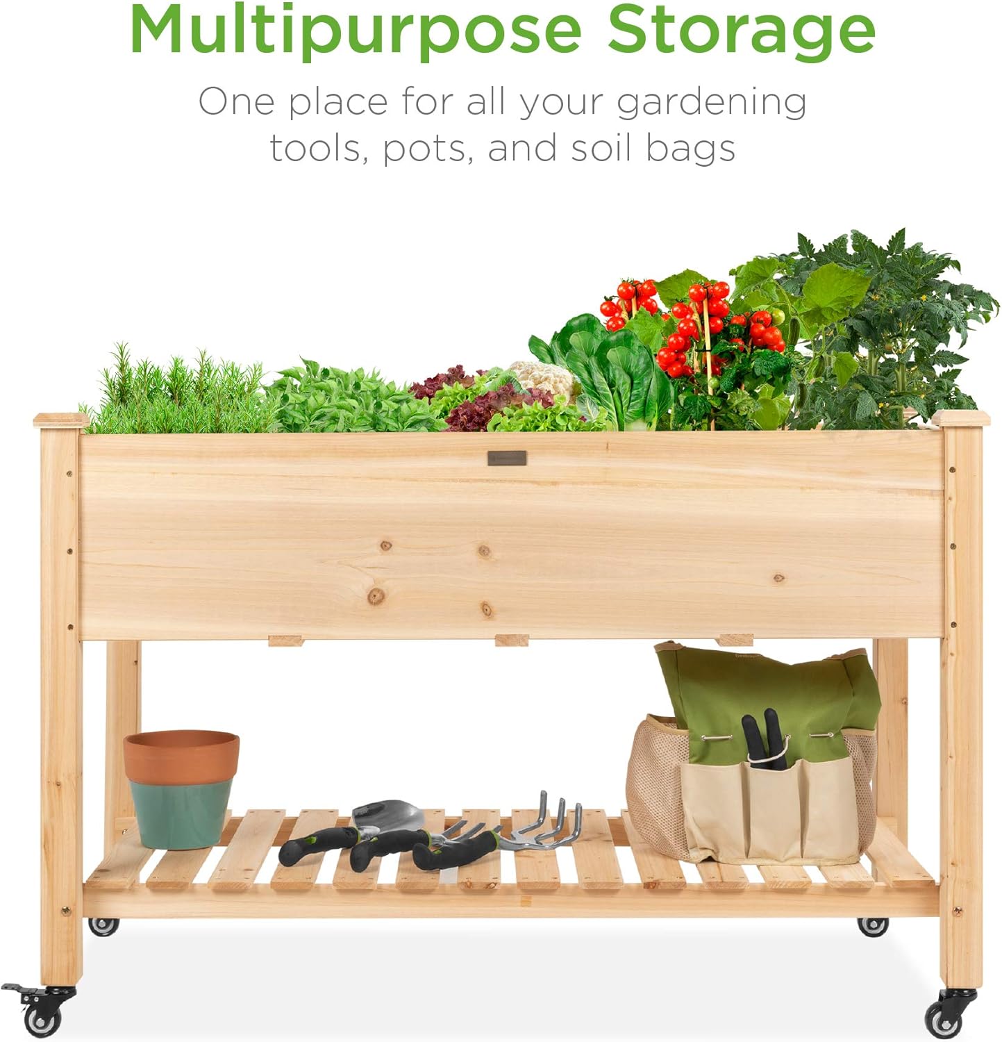 Best Choice Products Raised Garden Bed 48x24x32-inch Mobile Elevated Wood Planter w/Lockable Wheels, Storage Shelf, Protective Liner - Natural