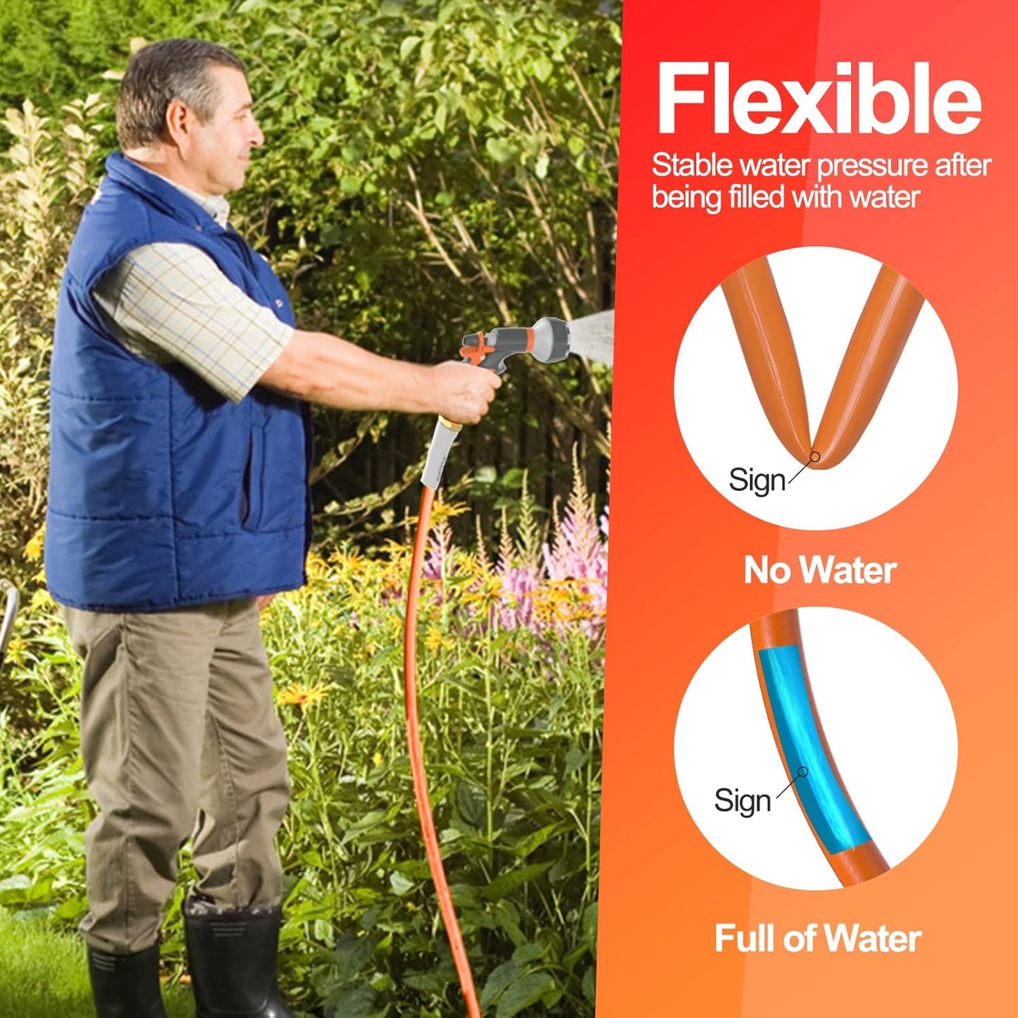 Garden Water Hose 100 ft x 5/8 in Heavy Duty, Flexible and Lightweight, Burst 600 psi, Kink-Less Hybrid Rubber Pipe for Backyard, 3/4'' Brass Fittings, Orange