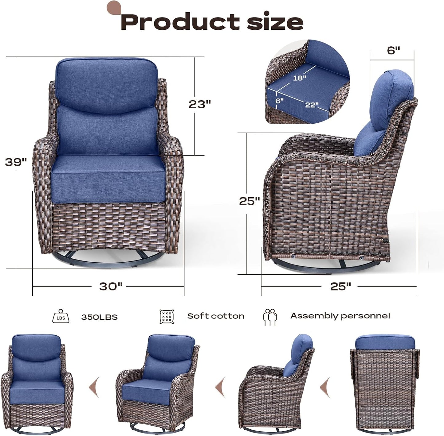 6 Piece Outdoor Patio Swivel Rocker Chairs, Waterproof Wicker, High Back, Deep Seating, Wide Armrest, Upgraded 6 inch Thick Cushions, Side Table, Ideal for Deck Porch Yard, Brown/Blue