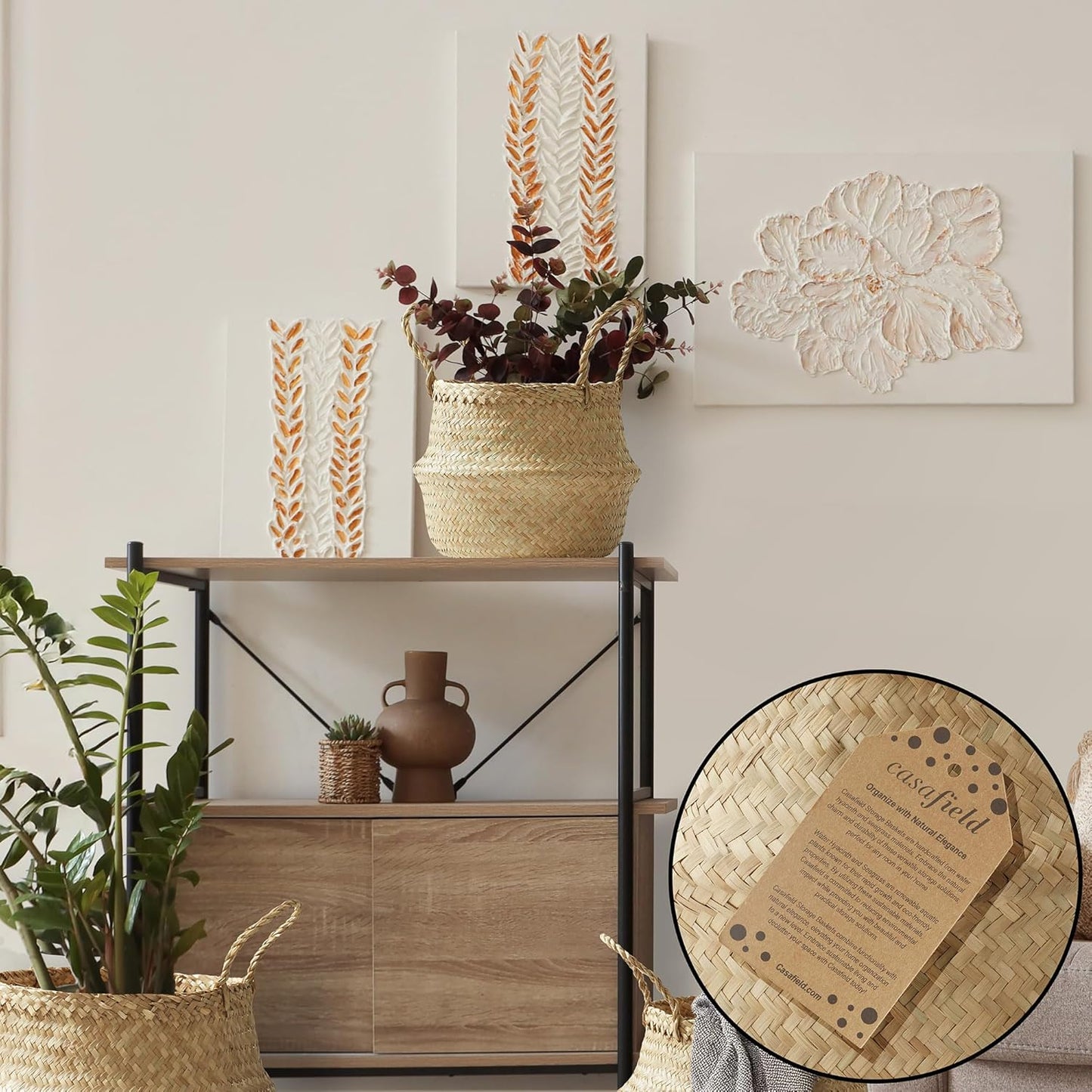 Casafield Seagrass Belly Storage Basket Planter with Handles - Small, Natural Woven Wicker Indoor Plant Pot Cover for Plants and Trees