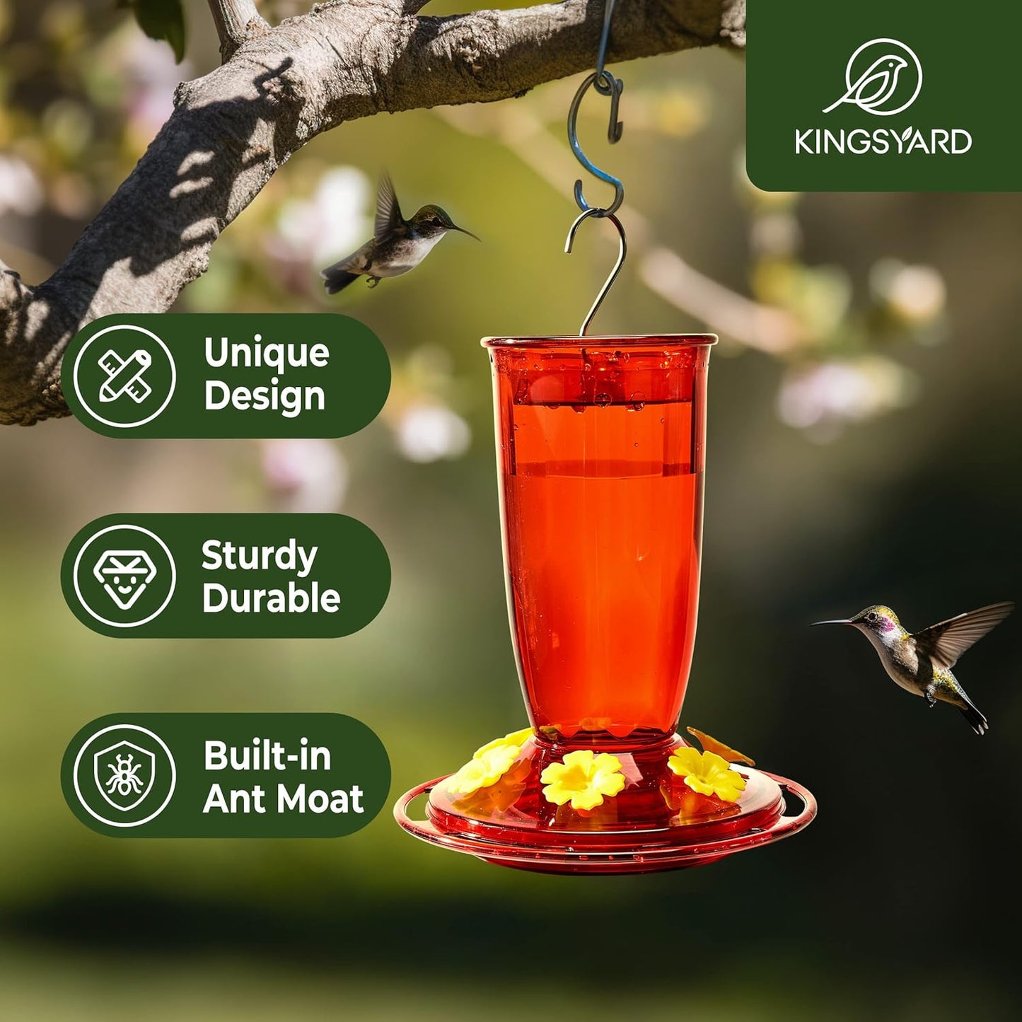 Kingsyard Hummingbird Feeder for Outdoors Hanging - 6 Bee Guard Feeding Ports & Built-in Ant Moat, Wild Bird Feeder for Outside Garden Yard Patio 16 Oz, Red